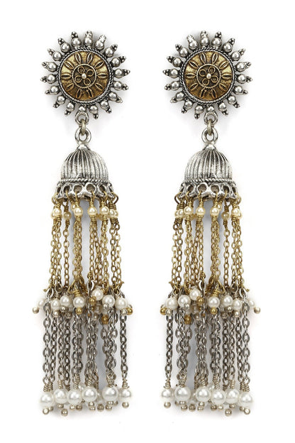 Multicolor Long Earring Sooryodaya at Kamakhyaa by House Of Heer. This item is Alloy Metal, Festive Jewellery, Festive Wear, Free Size, jewelry, July Sale, July Sale 2023, Less than $50, Long Earrings, Multicolor, Natural, Pearl, Solids