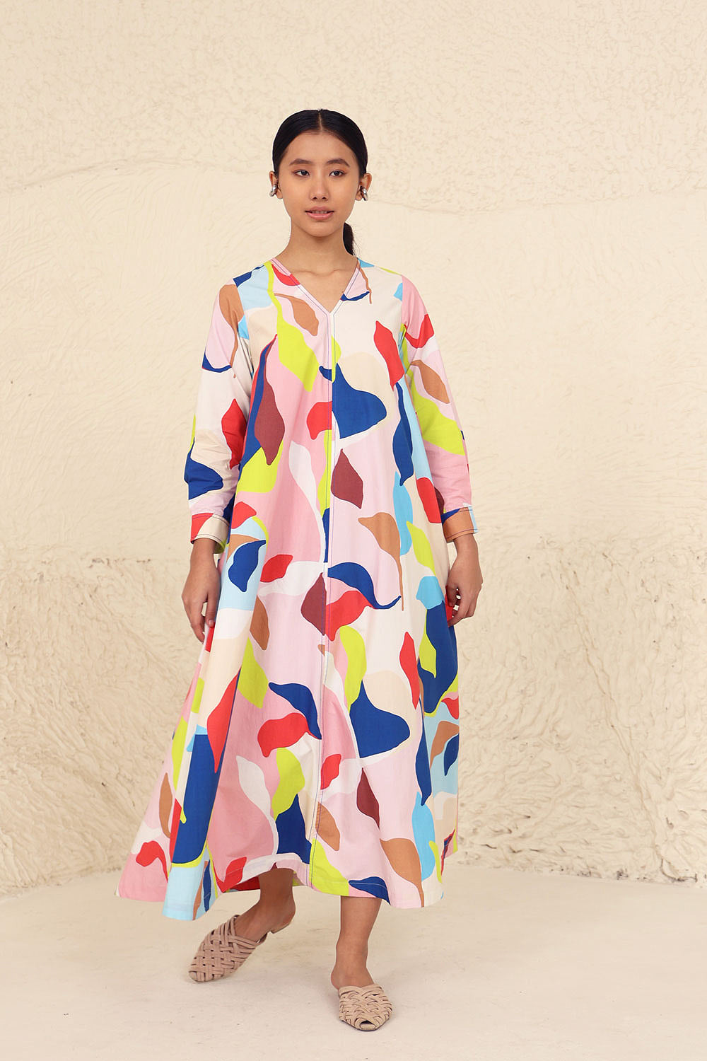Multicolor Loose Fit Dress at Kamakhyaa by Kanelle. This item is Cotton Poplin, Evening Wear, Leafy Pattern, Made from Natural Materials, Midi Dresses, Multicolor, One by One by Kanelle, Relaxed Fit