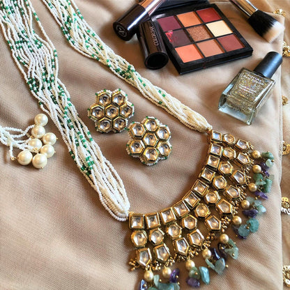 Multicolor Necklace with Studs Mogra kundankari at Kamakhyaa by House Of Heer. This item is Add Ons, Alloy Metal, Festive Jewellery, Festive Wear, Free Size, jewelry, Jewelry Sets, July Sale, July Sale 2023, Multicolor, Natural, Pearl, Textured