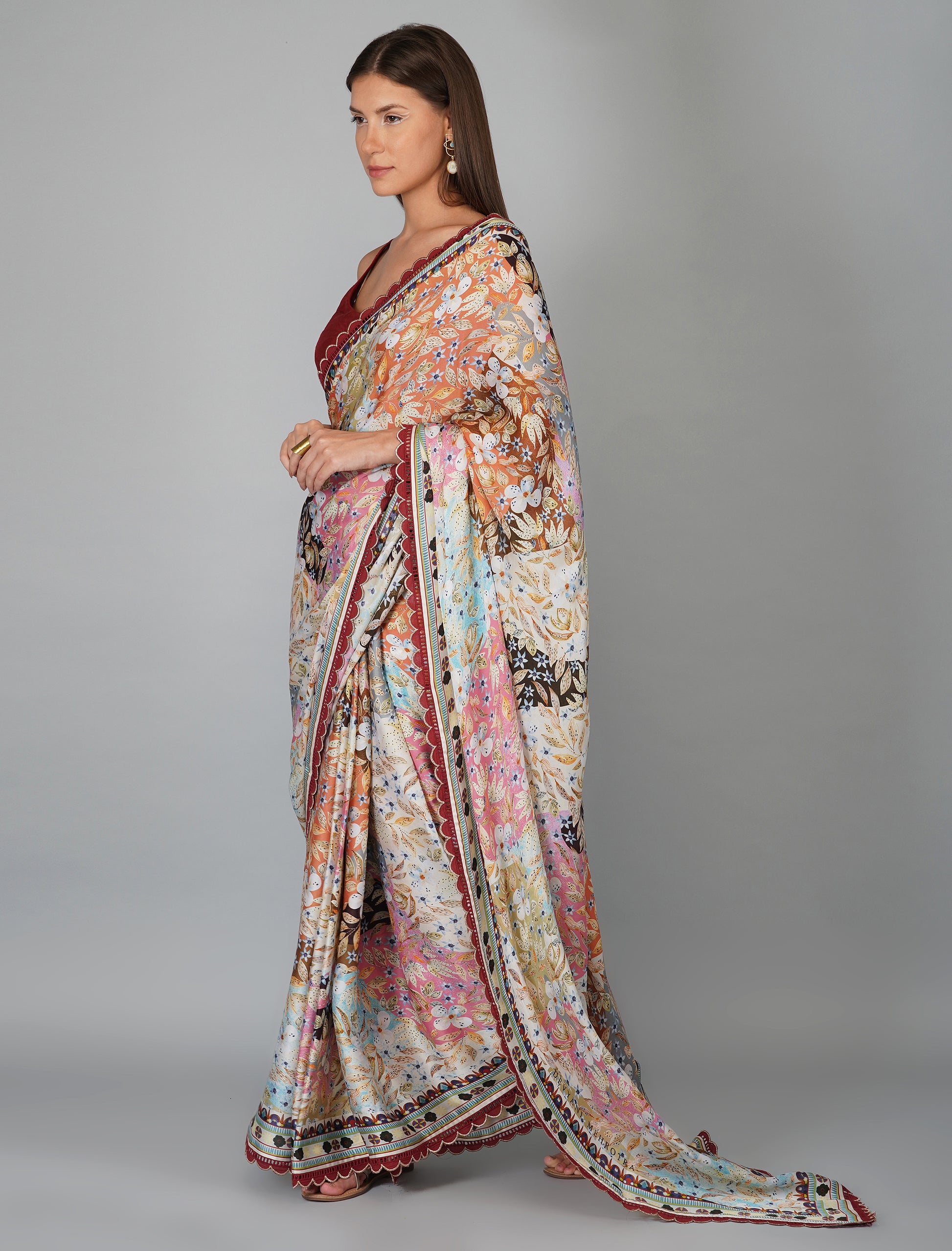 Multicolor Printed Chanderi Saree Blouse Set at Kamakhyaa by Devyani Mehrotra. This item is Chanderi Silk, Festive Wear, Georgette, Multicolor, Natural, Pre Spring 2023, Prints, Regular Fit, Sarees Sets, Viscose, Womenswear