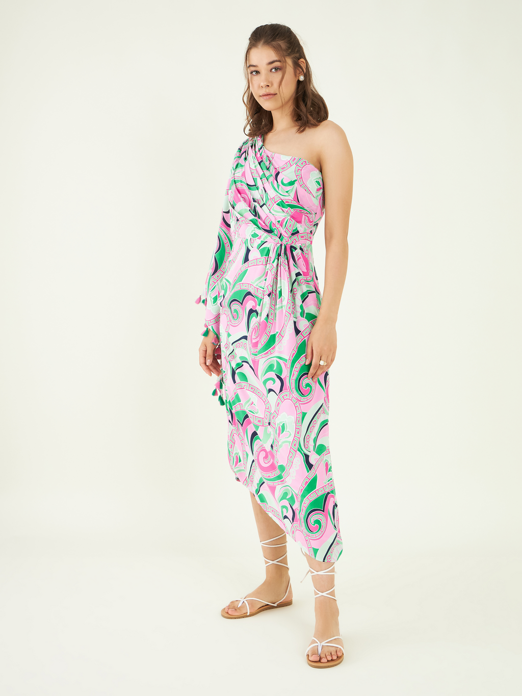 Multicolor Rayon One Shoulder Dress at Kamakhyaa by Bohobi. This item is Abstract Prints, Cotton, Multicolor, One Shoulder Dresses, Rayon, Regular Fit, Resort Wear, Toxin free