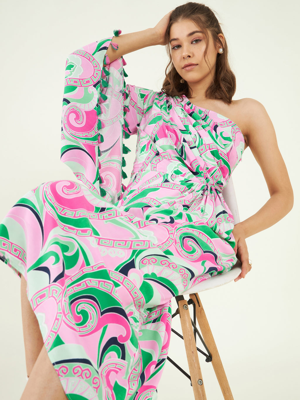 Multicolor Rayon One Shoulder Dress at Kamakhyaa by Bohobi. This item is Abstract Prints, Cotton, Multicolor, One Shoulder Dresses, Rayon, Regular Fit, Resort Wear, Toxin free