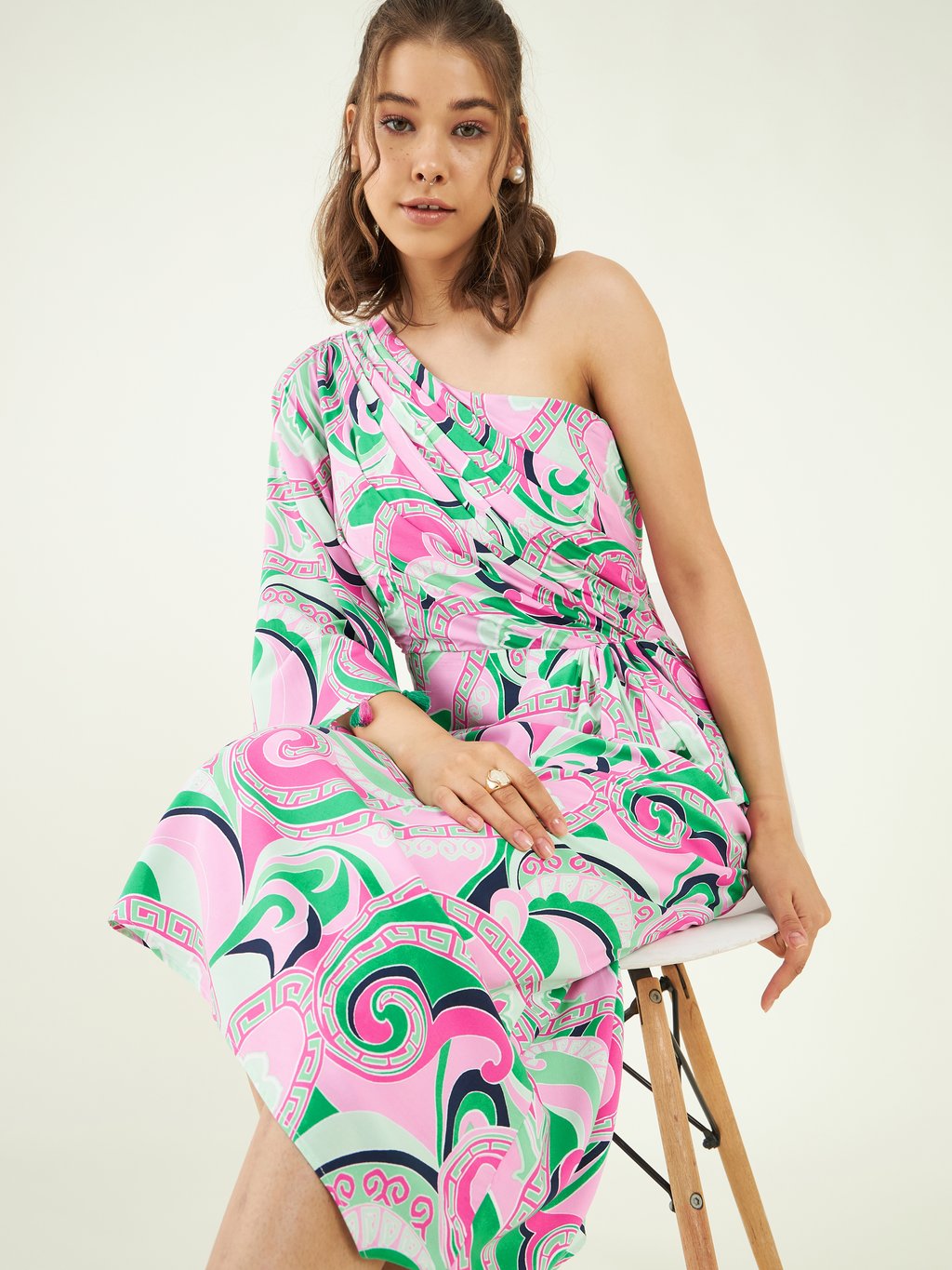 Multicolor Rayon One Shoulder Dress at Kamakhyaa by Bohobi. This item is Abstract Prints, Cotton, Multicolor, One Shoulder Dresses, Rayon, Regular Fit, Resort Wear, Toxin free