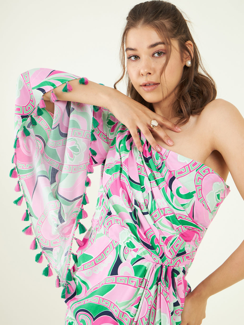 Multicolor Rayon One Shoulder Dress at Kamakhyaa by Bohobi. This item is Abstract Prints, Cotton, Multicolor, One Shoulder Dresses, Rayon, Regular Fit, Resort Wear, Toxin free