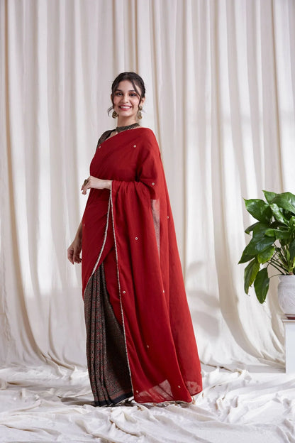 Multicolor Saree with Red Dupatta at Kamakhyaa by Hasttvam. This item is Black, Cotton, Festive Wear, Floral, Natural dyes, Red, Relaxed Fit, Respondible production and Vegan