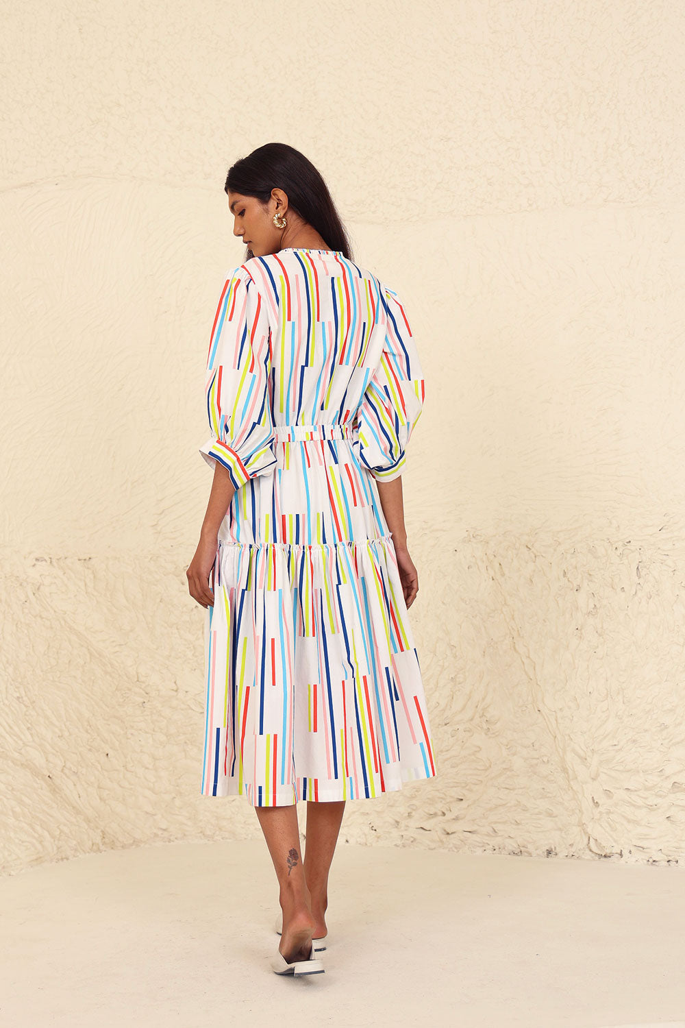 Multicolor Striped Puff Sleeve Midi Dress at Kamakhyaa by Kanelle. This item is Cotton Poplin, Evening Wear, Made from Natural Materials, Midi Dresses, Multicolor, One by One by Kanelle, Regular Fit, Stripes