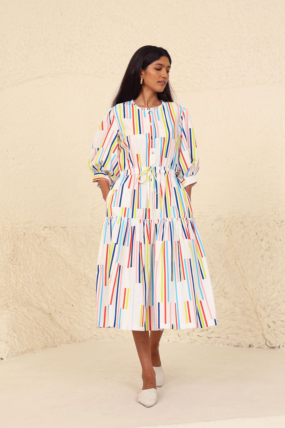 Multicolor Striped Puff Sleeve Midi Dress at Kamakhyaa by Kanelle. This item is Cotton Poplin, Evening Wear, Made from Natural Materials, Midi Dresses, Multicolor, One by One by Kanelle, Regular Fit, Stripes