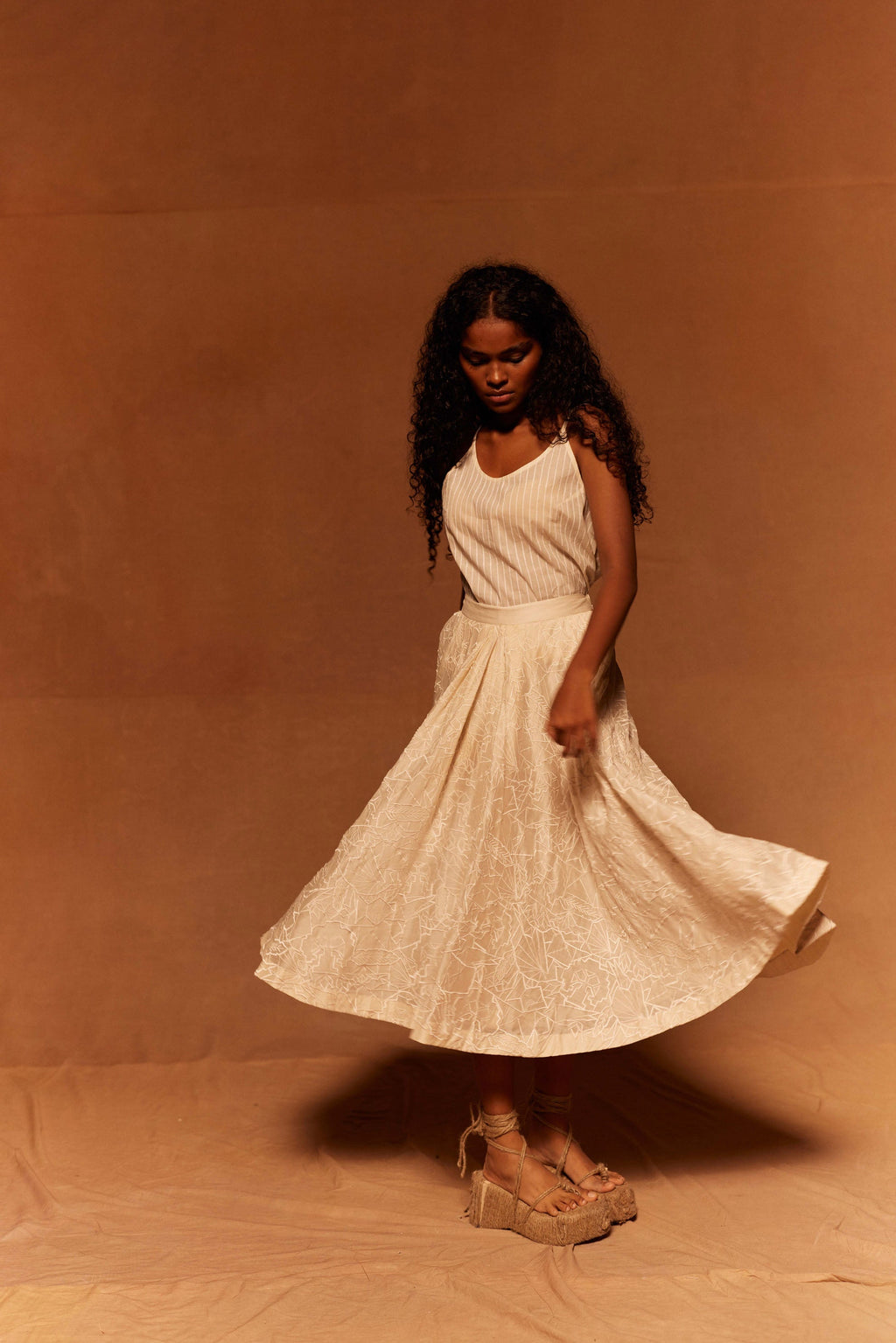 Muryo Emroidered Skirt at Kamakhyaa by Ahmev. This item is Bottom, Cotton Silk, Embroidered, Ivory, Maximum Minimum by Ahmev, Missing image, Relaxed Fit, Skirt, Womenswear