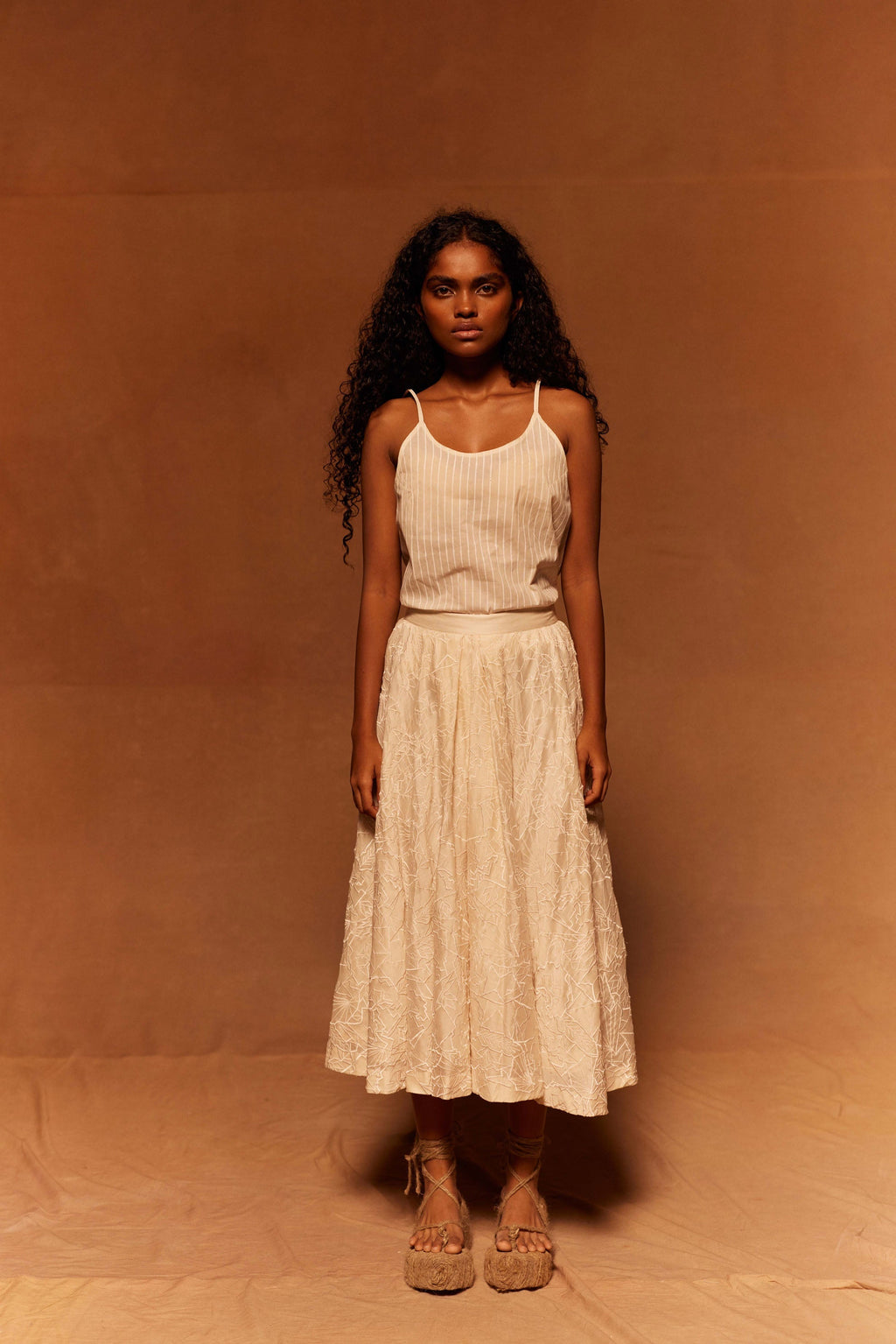 Muryo Emroidered Skirt at Kamakhyaa by Ahmev. This item is Bottom, Cotton Silk, Embroidered, Ivory, Maximum Minimum by Ahmev, Missing image, Relaxed Fit, Skirt, Womenswear