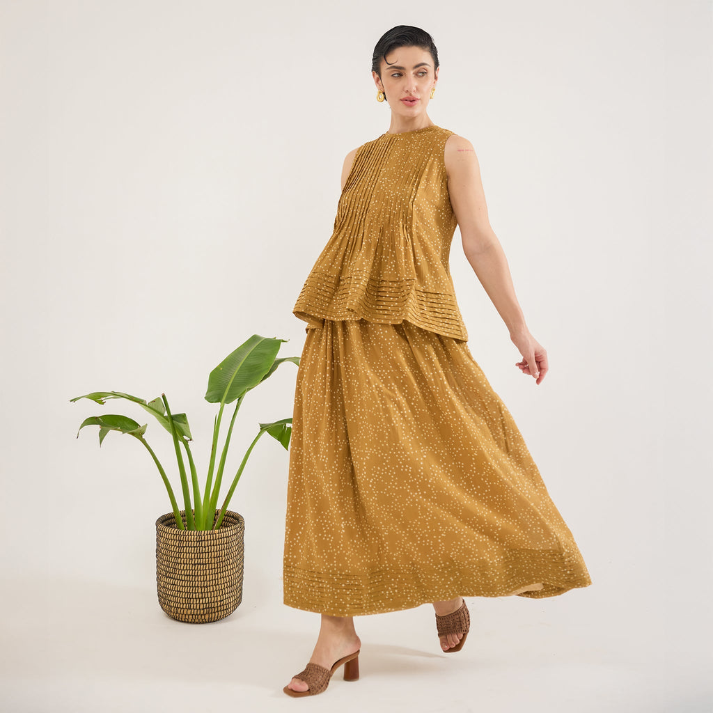 Mustard Mirage Skirt at Kamakhyaa by Taro. This item is Artisan made, Cotton Mulmul, Maxi Skirts, Mustard, Skirts, Under $200, Whispers of Summer by Taro, Yellow