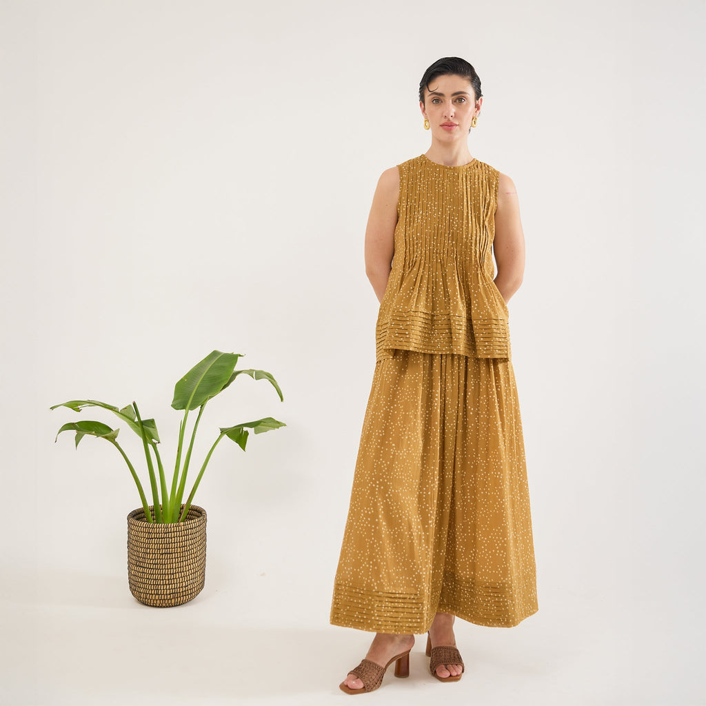 Mustard Mirage Skirt at Kamakhyaa by Taro. This item is Artisan made, Cotton Mulmul, Maxi Skirts, Mustard, Skirts, Under $200, Whispers of Summer by Taro, Yellow