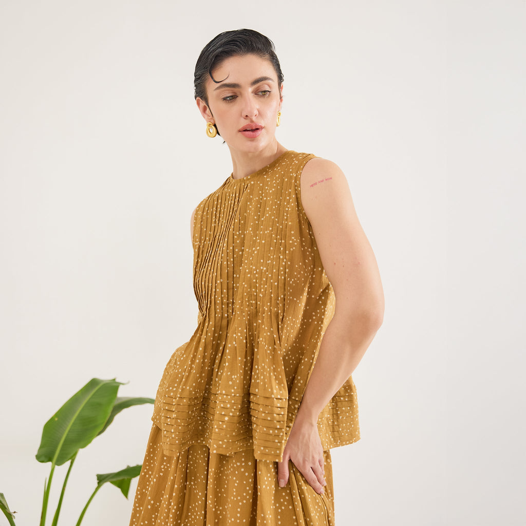 Mustard Mirage Top at Kamakhyaa by Taro. This item is Artisan made, Cotton Mulmul, Mustard, Sleeveless Tops, Under $50, Whispers of Summer by Taro, Yellow