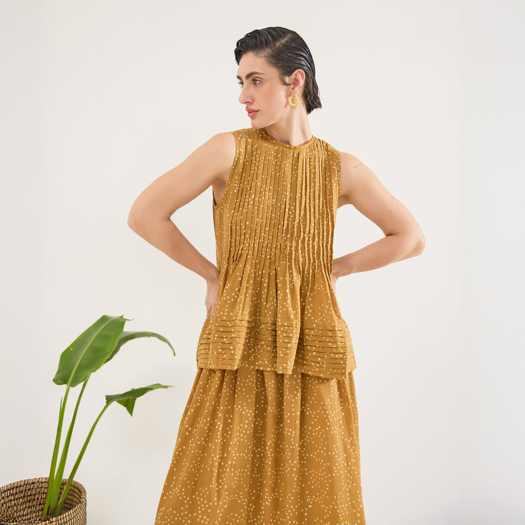 Mustard Mirage Top at Kamakhyaa by Taro. This item is Artisan made, Cotton Mulmul, Mustard, Sleeveless Tops, Under $50, Whispers of Summer by Taro, Yellow