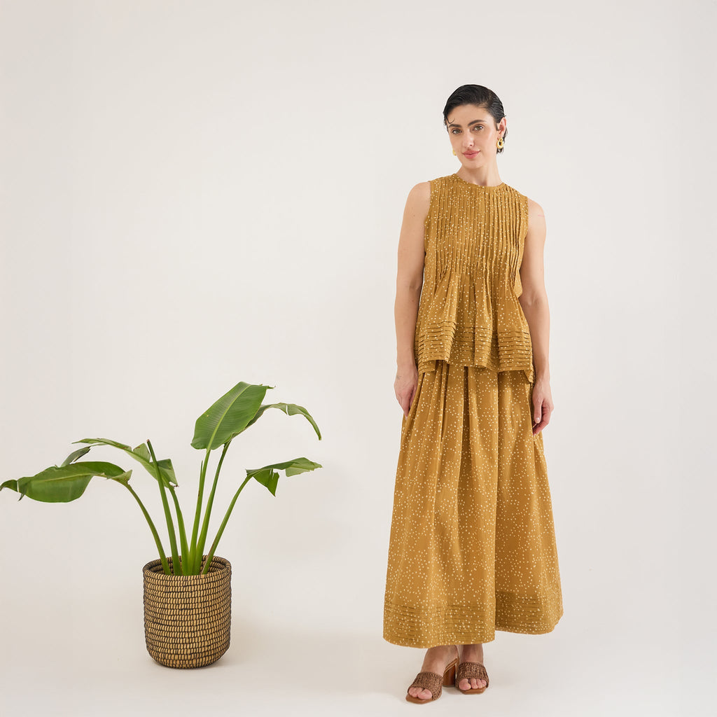 Mustard Mirage Top at Kamakhyaa by Taro. This item is Artisan made, Cotton Mulmul, Mustard, Sleeveless Tops, Under $50, Whispers of Summer by Taro, Yellow