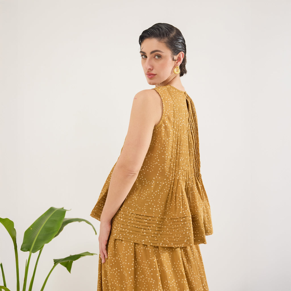 Mustard Mirage Top at Kamakhyaa by Taro. This item is Artisan made, Cotton Mulmul, Mustard, Sleeveless Tops, Under $50, Whispers of Summer by Taro, Yellow