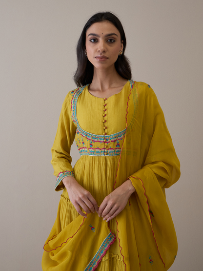 Mustard Pure Silk Chanderi Kurta Set with dupatta at Kamakhyaa by RoohbyRidhimaa. This item is Avani by RoohbyRidhimaa, Chanderi Silk, Festive Wear, Handloom Silk, Kurta Set with Dupattas, Pure Silk Chanderi, Regular Fit, Resham Embroidered, Silk Chanderi, Toxin free, Yellow