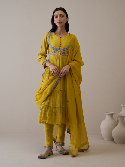 Mustard Pure Silk Chanderi Kurta Set with dupatta at Kamakhyaa by RoohbyRidhimaa. This item is Avani by RoohbyRidhimaa, Chanderi Silk, Festive Wear, Handloom Silk, Kurta Set with Dupattas, Pure Silk Chanderi, Regular Fit, Resham Embroidered, Silk Chanderi, Toxin free, Yellow