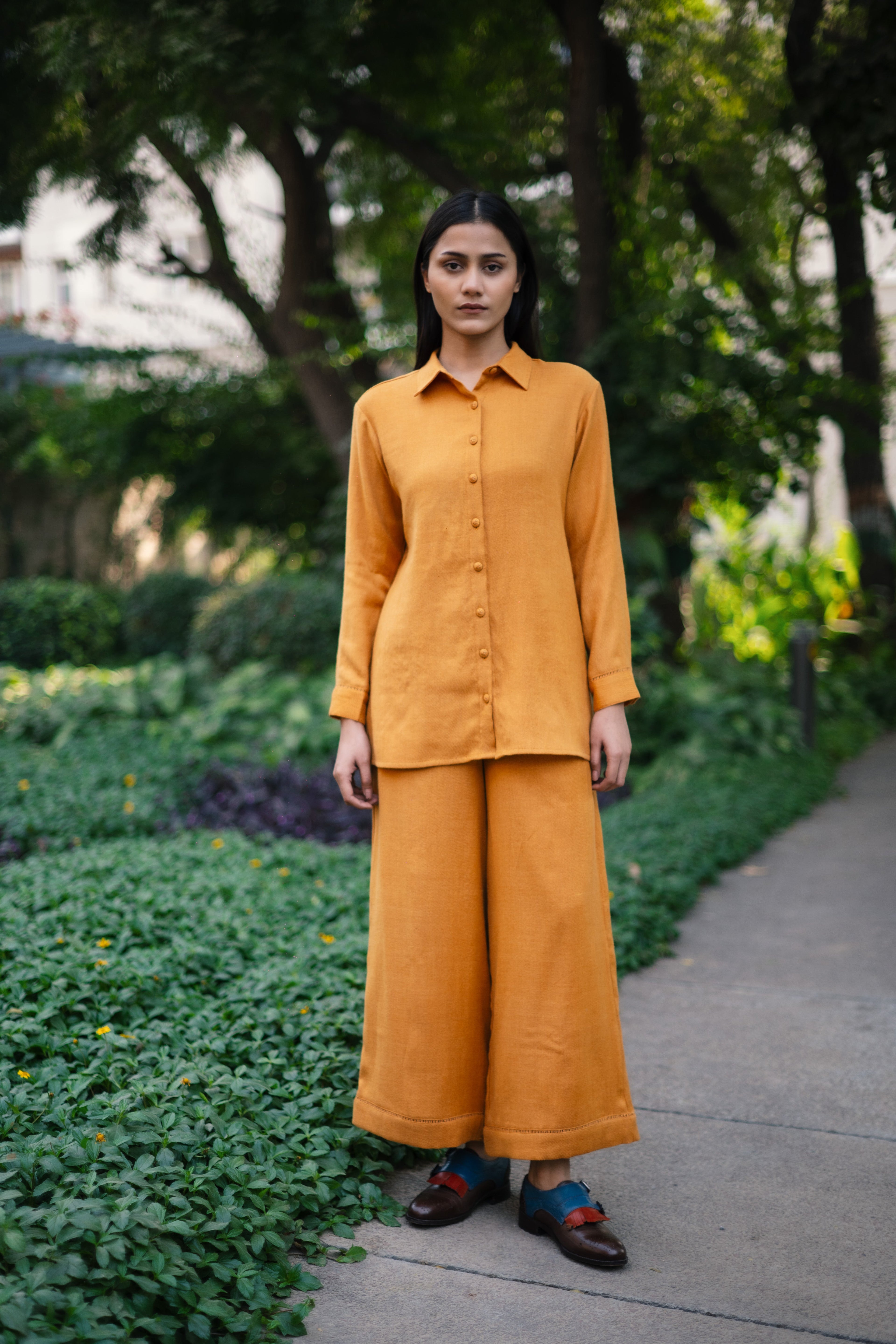 Mustard Yellow Merino Wool Coord Set Mahonia at Kamakhyaa by Raas. This item is Merino Wool, Mustard, Regular Fit, Uru by Raas, Winter WearOffice Wear Co-ords, Woven