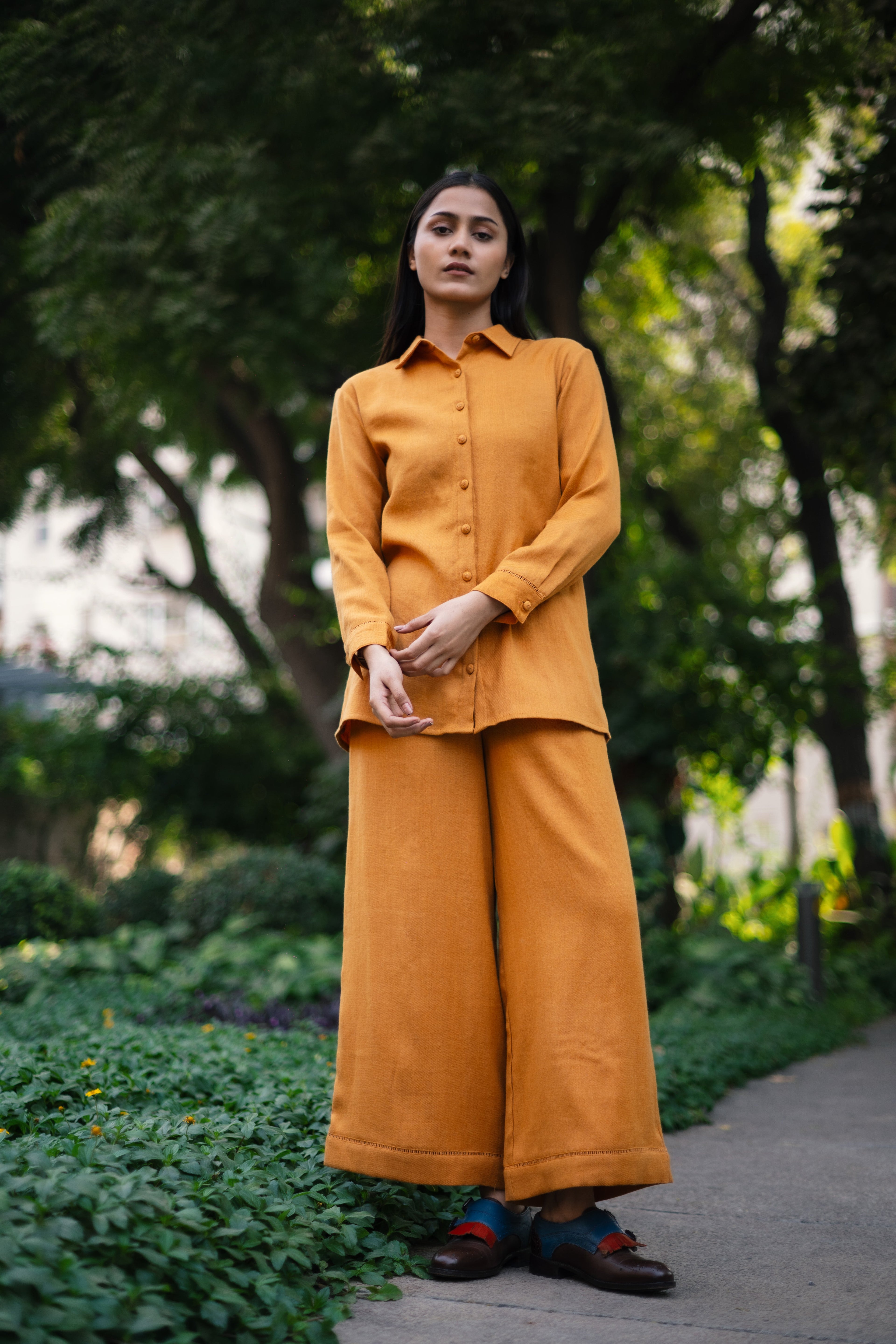 Mustard Yellow Merino Wool Coord Set Mahonia at Kamakhyaa by Raas. This item is Merino Wool, Mustard, Regular Fit, Uru by Raas, Winter WearOffice Wear Co-ords, Woven