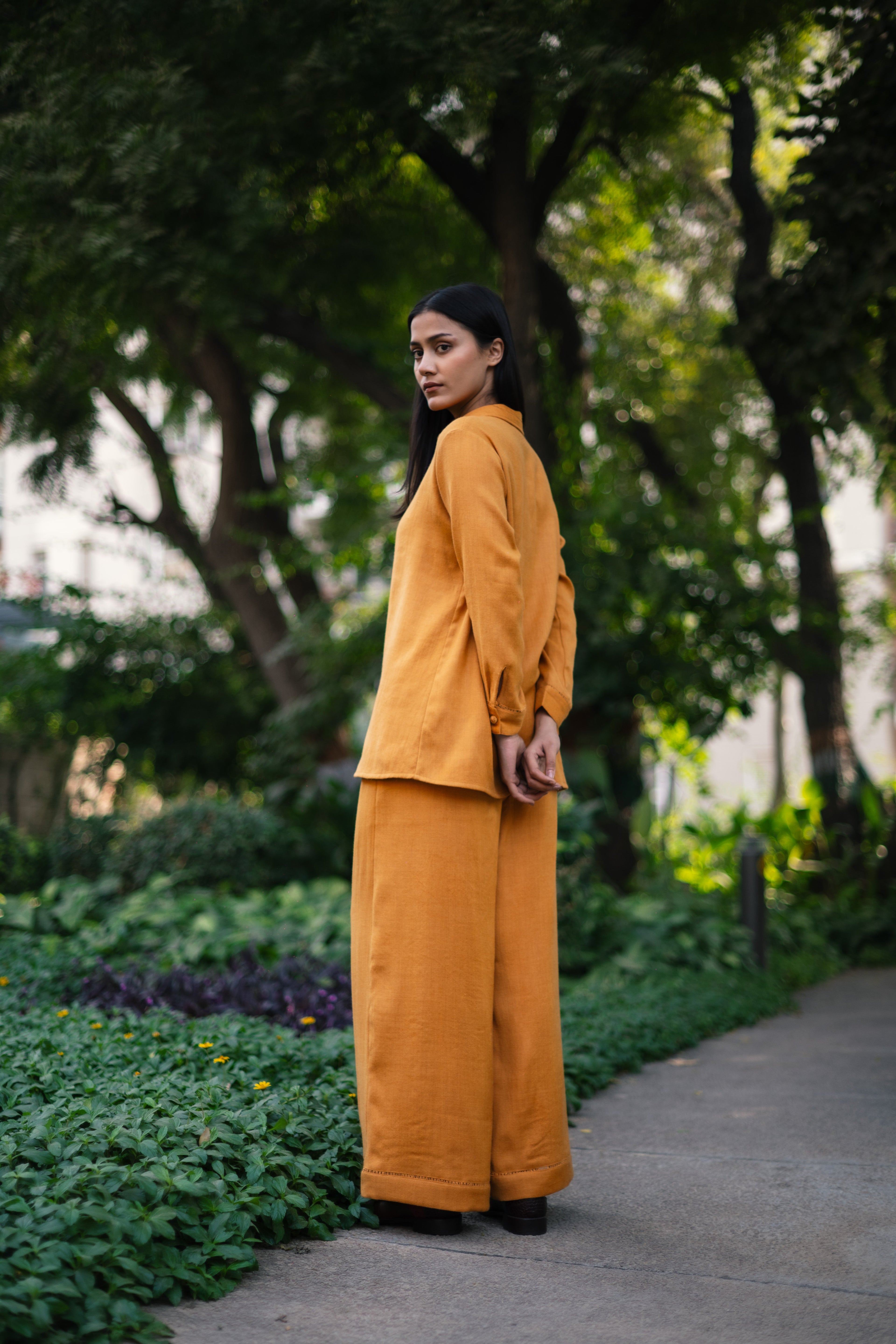 Mustard Yellow Merino Wool Coord Set Mahonia at Kamakhyaa by Raas. This item is Merino Wool, Mustard, Regular Fit, Uru by Raas, Winter WearOffice Wear Co-ords, Woven