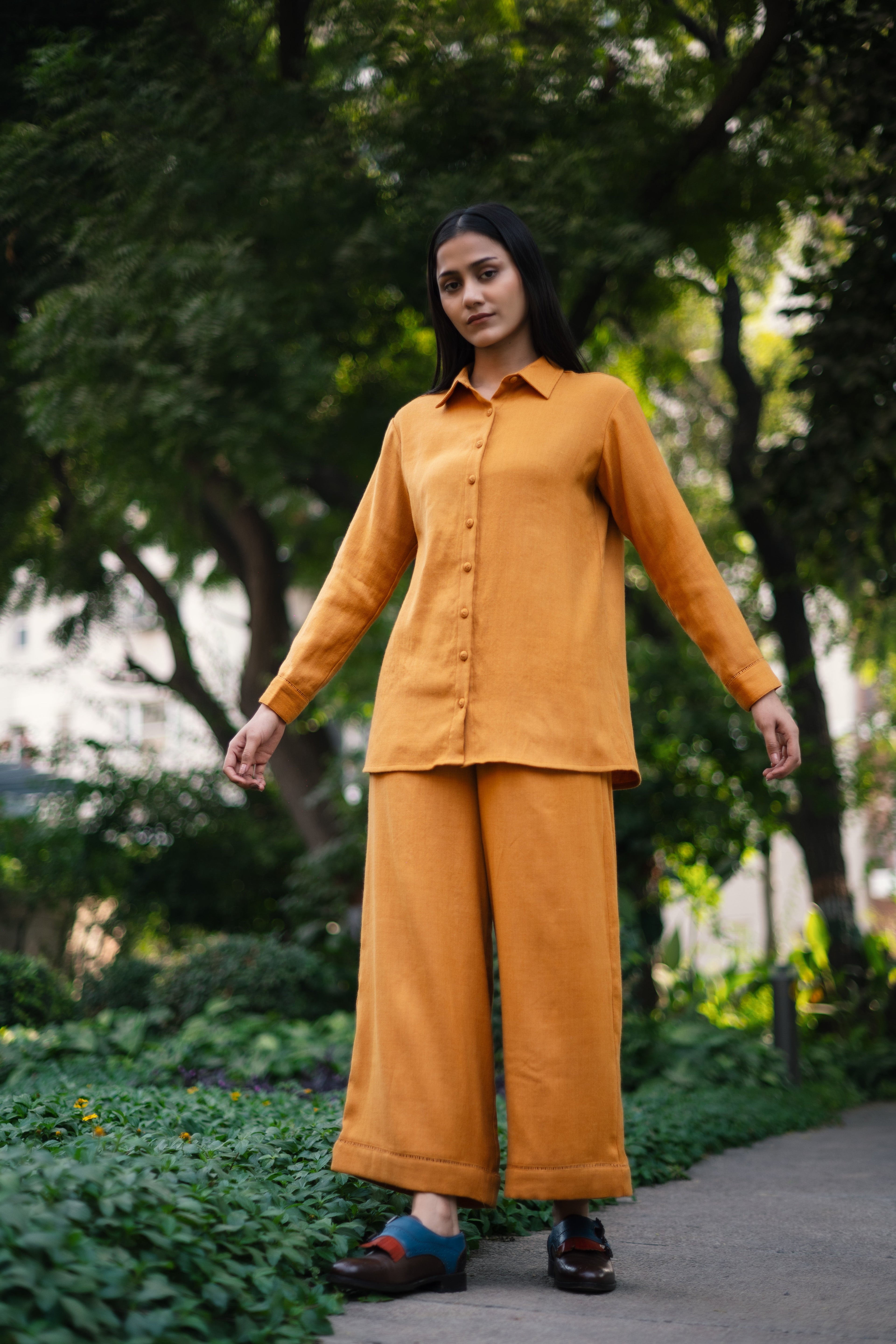 Mustard Yellow Merino Wool Coord Set Mahonia at Kamakhyaa by Raas. This item is Merino Wool, Mustard, Regular Fit, Uru by Raas, Winter WearOffice Wear Co-ords, Woven
