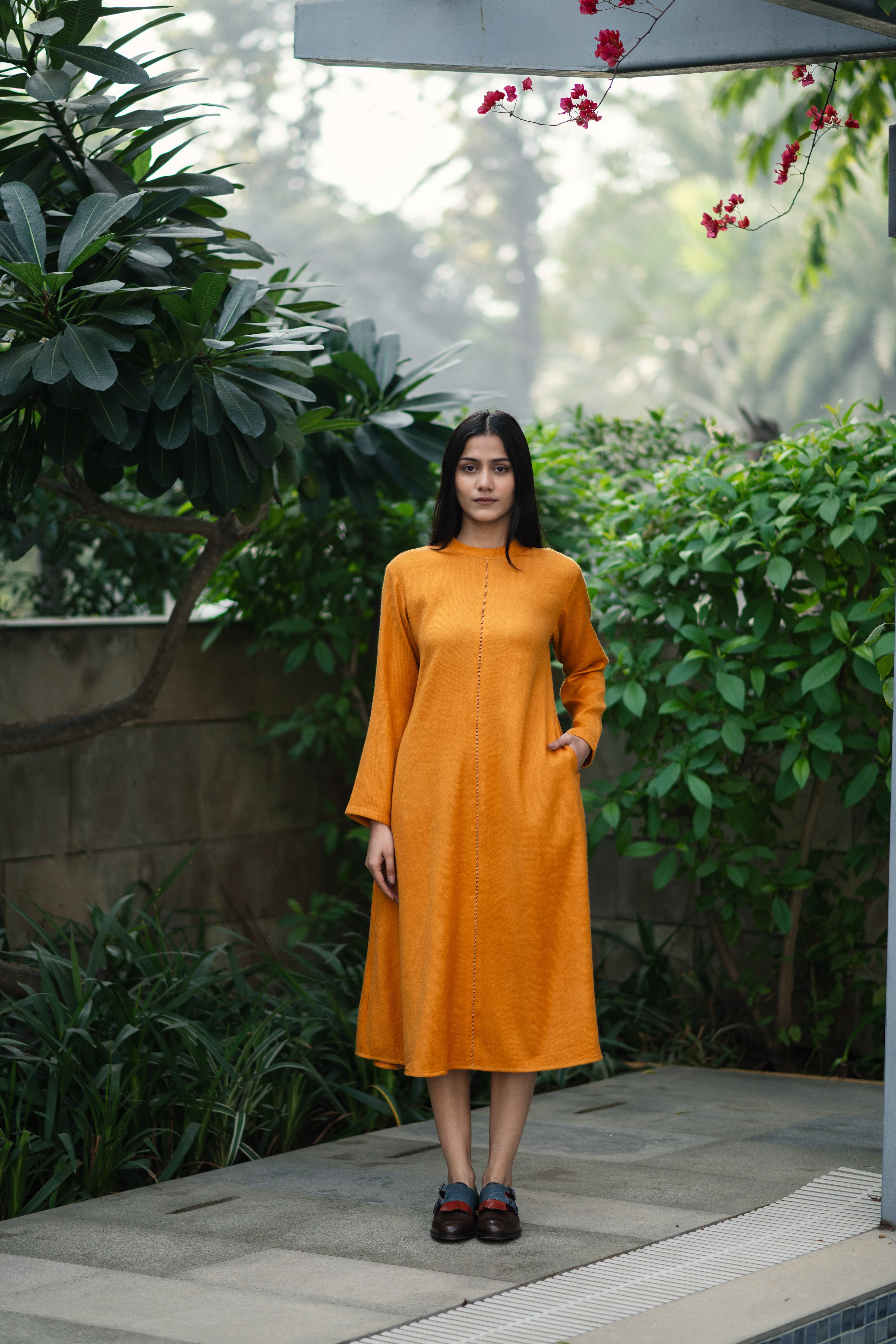 Mustard Yellow Merino Wool Dress Starflower at Kamakhyaa by Raas. This item is Merino Wool, Midi Dresses, Mustard, Regular Fit, Uru by Raas, Winter Wear, Woven