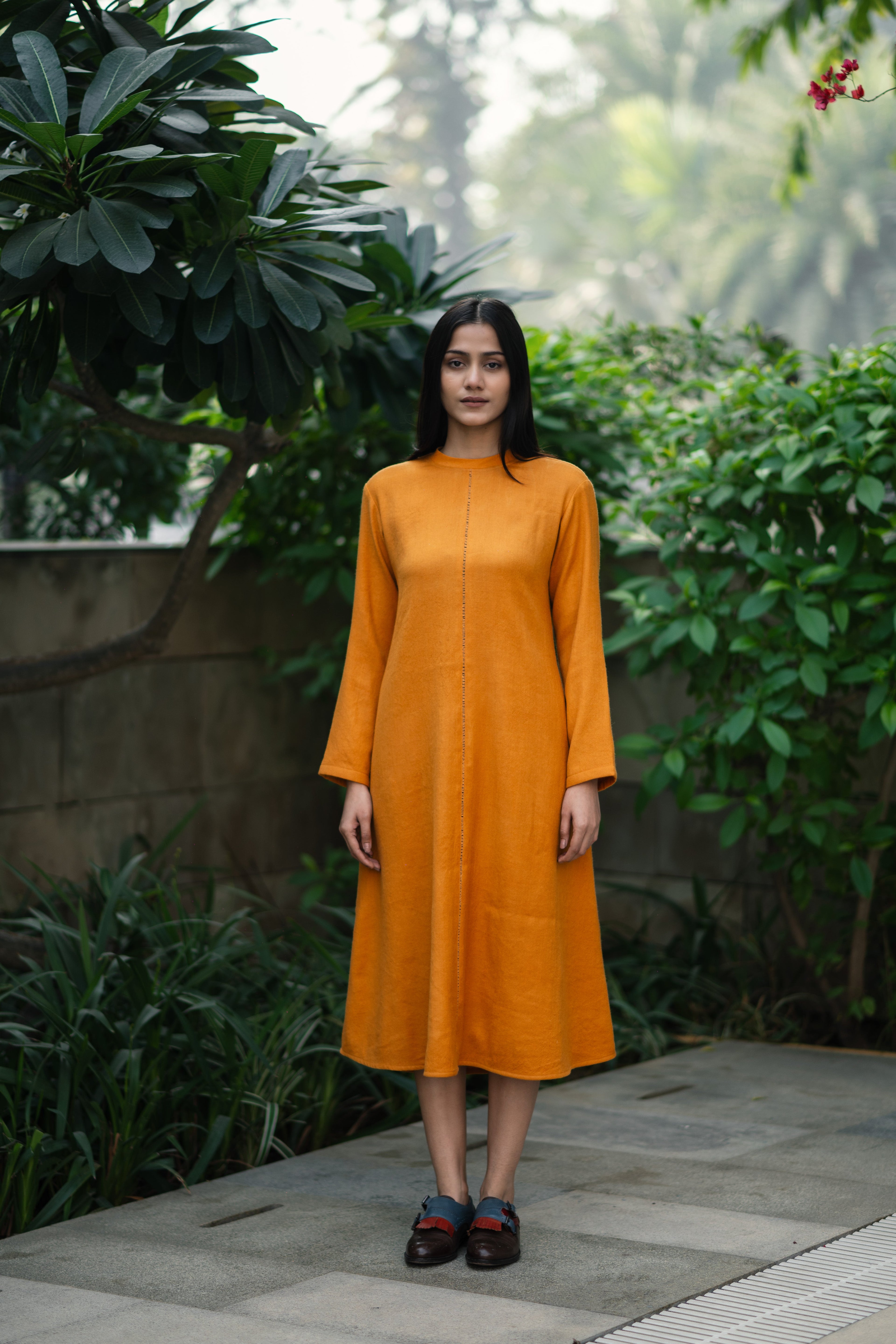 Mustard Yellow Merino Wool Dress Starflower at Kamakhyaa by Raas. This item is Merino Wool, Midi Dresses, Mustard, Regular Fit, Uru by Raas, Winter Wear, Woven