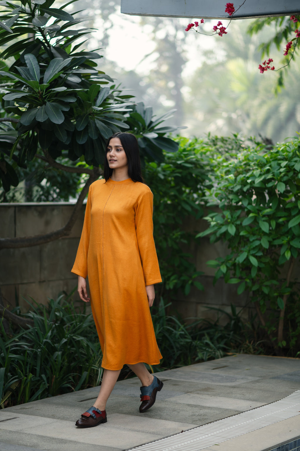 Mustard Yellow Merino Wool Dress Starflower at Kamakhyaa by Raas. This item is Merino Wool, Midi Dresses, Mustard, Regular Fit, Uru by Raas, Winter Wear, Woven