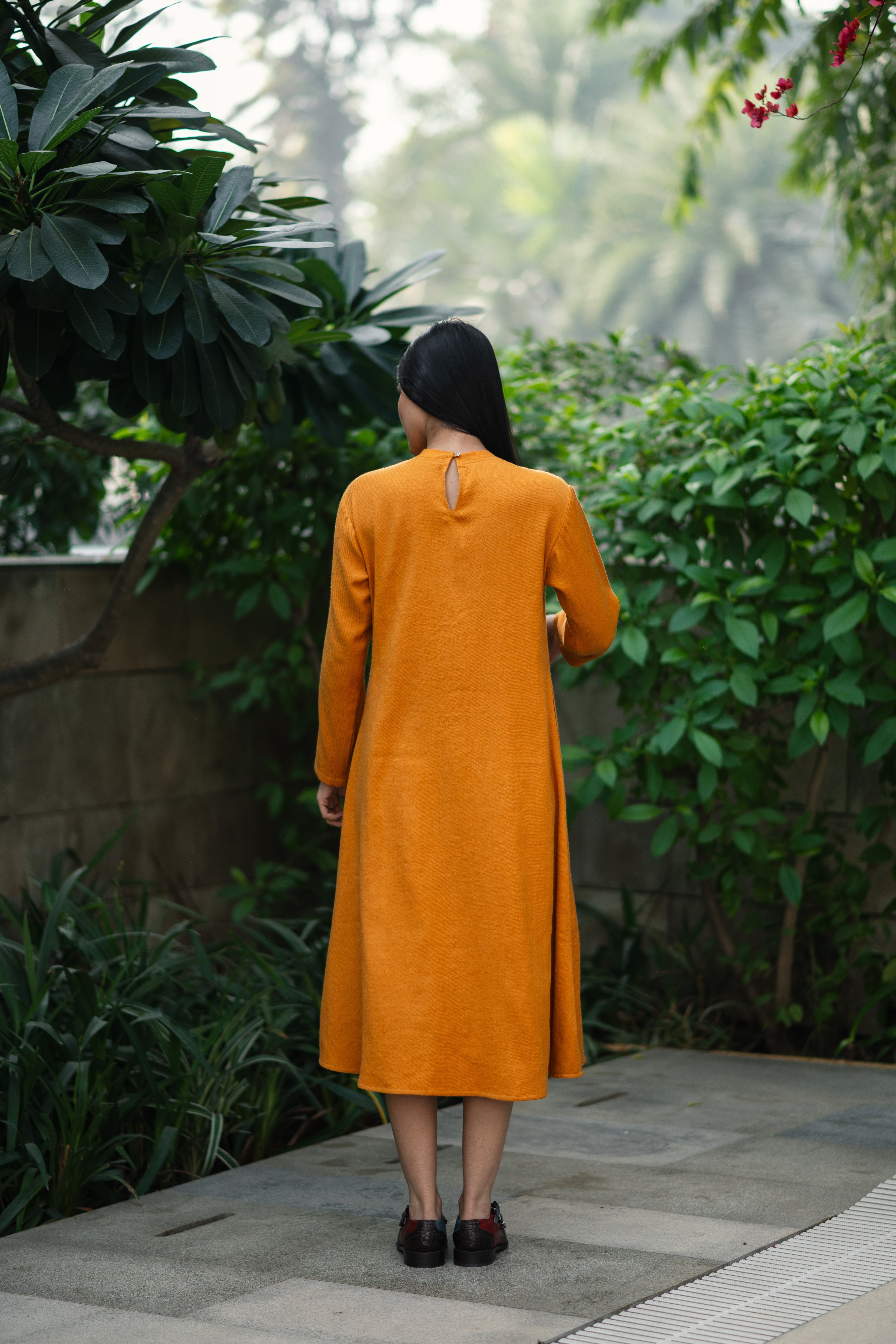 Mustard Yellow Merino Wool Dress Starflower at Kamakhyaa by Raas. This item is Merino Wool, Midi Dresses, Mustard, Regular Fit, Uru by Raas, Winter Wear, Woven