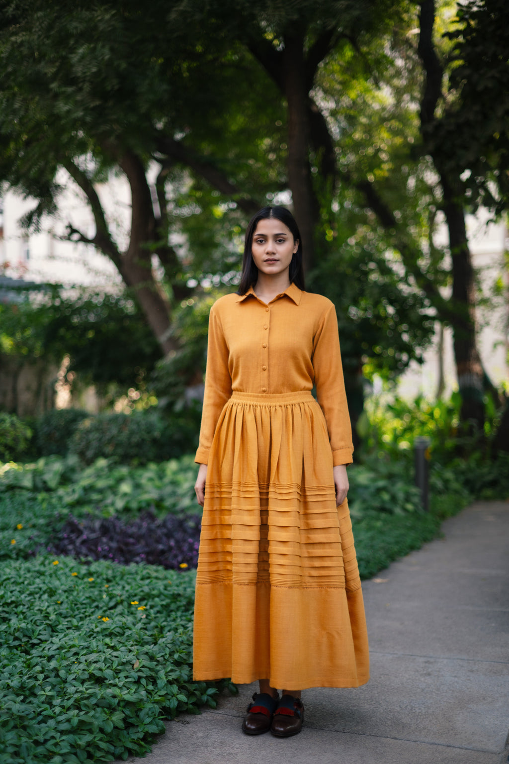 Mustard Yellow Merino Wool Misha Skirt Set at Kamakhyaa by Raas. This item is Merino Wool, Mustard, Regular Fit, Uru by Raas, Winter WearTop Skirt Sets, Woven