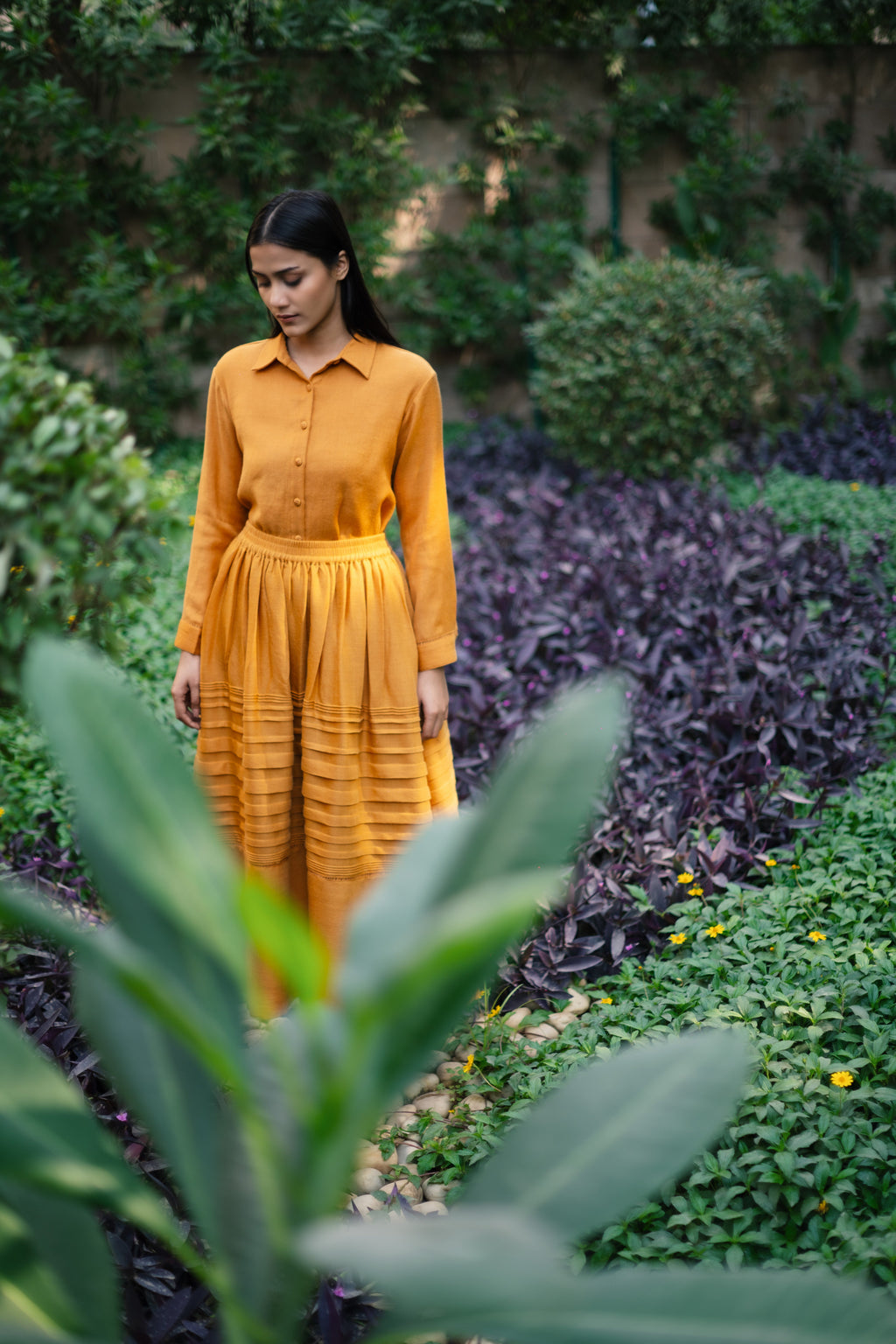 Mustard Yellow Merino Wool Misha Skirt Set at Kamakhyaa by Raas. This item is Merino Wool, Mustard, Regular Fit, Uru by Raas, Winter WearTop Skirt Sets, Woven