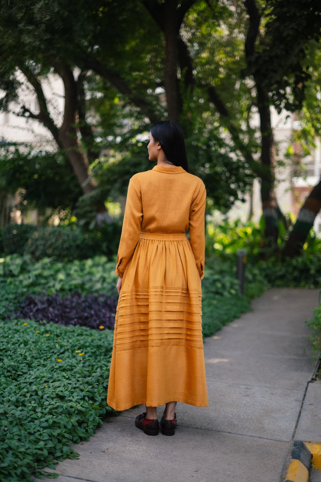 Mustard Yellow Merino Wool Misha Skirt Set at Kamakhyaa by Raas. This item is Merino Wool, Mustard, Regular Fit, Uru by Raas, Winter WearTop Skirt Sets, Woven