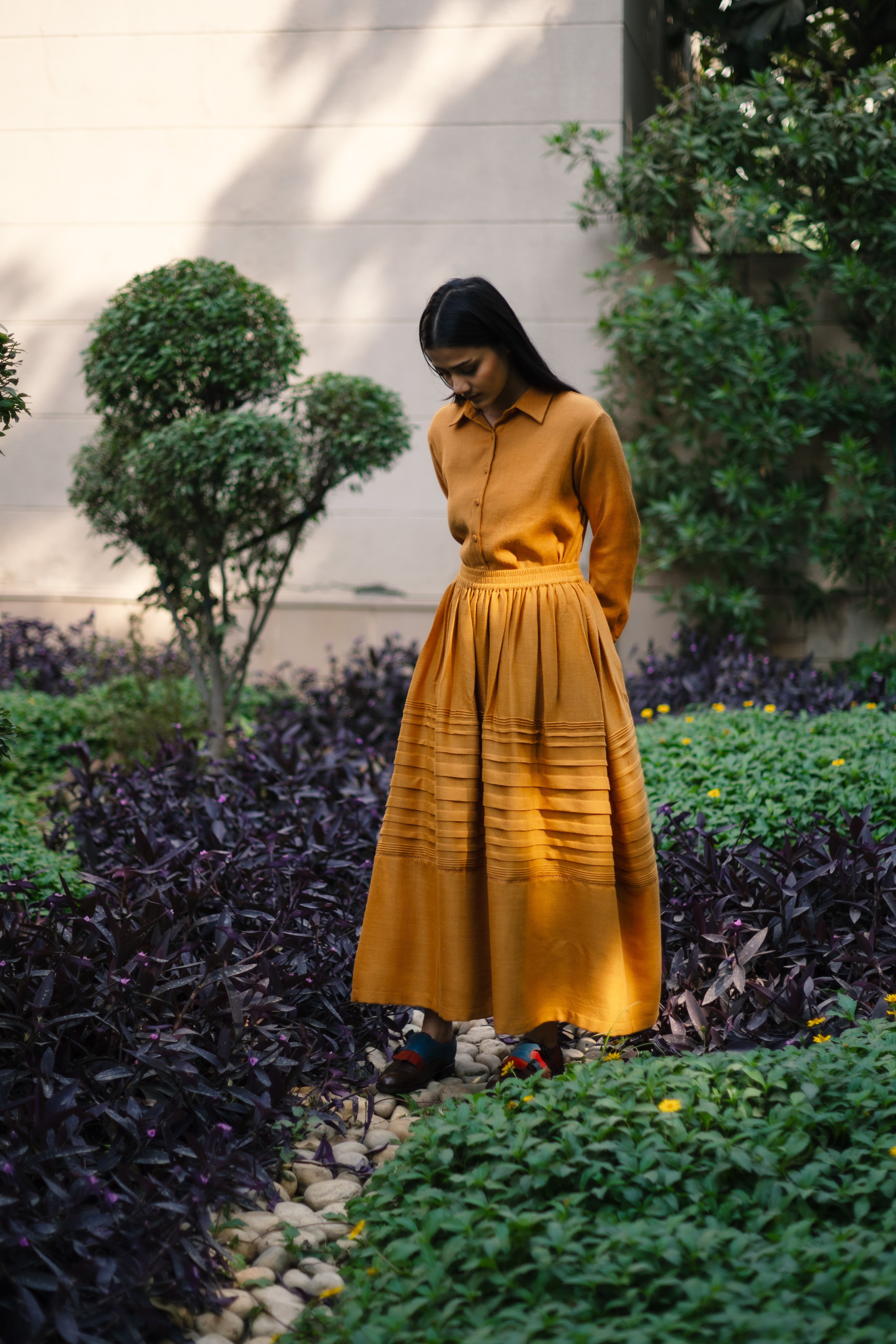 Mustard Yellow Merino Wool Skirt Misha at Kamakhyaa by Raas. This item is Merino Wool, Mustard, Regular Fit, Skirts, Uru by Raas, Winter Wear, Woven