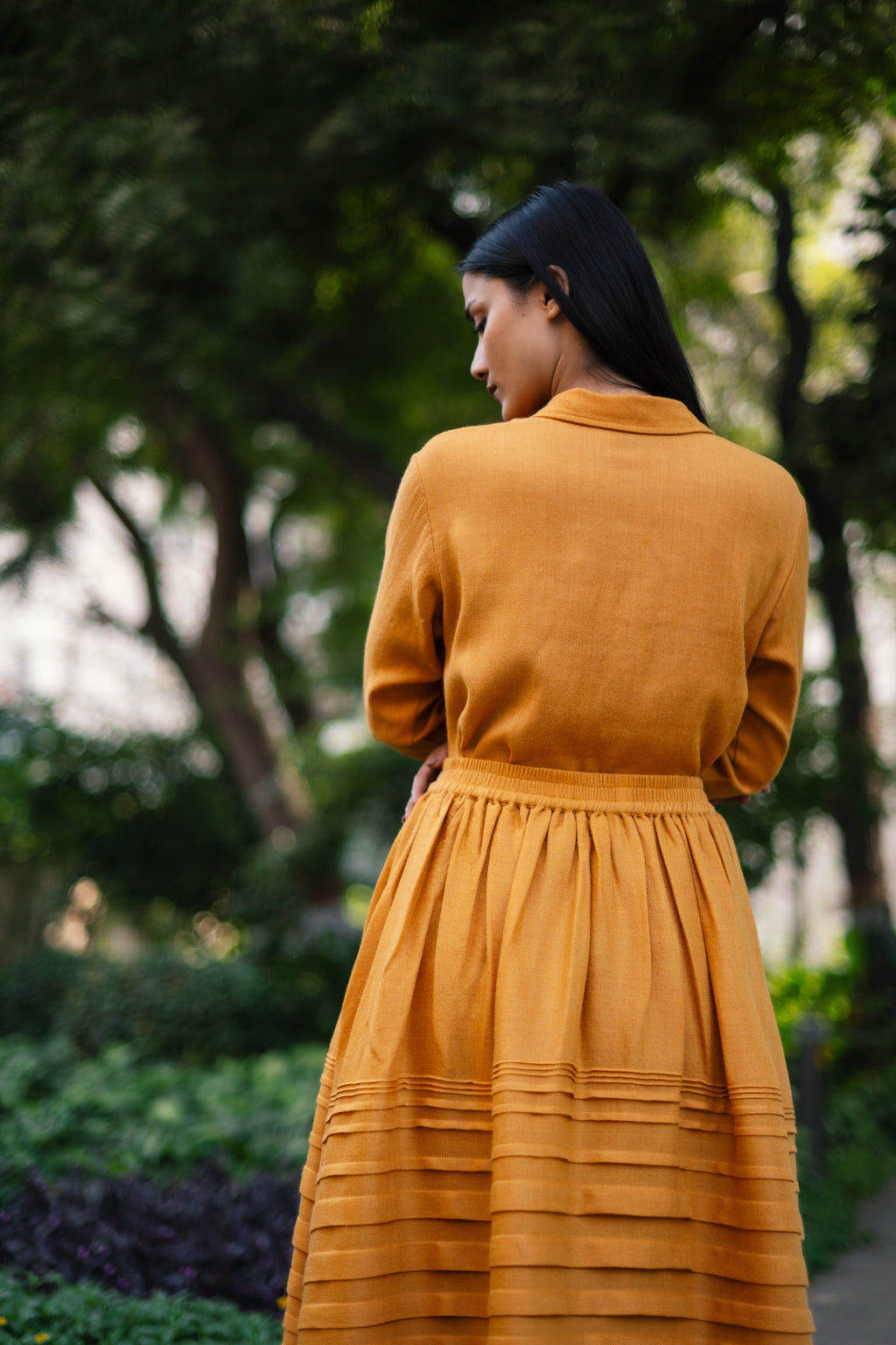 Mustard Yellow Merino Wool Skirt Misha at Kamakhyaa by Raas. This item is Merino Wool, Mustard, Regular Fit, Skirts, Uru by Raas, Winter Wear, Woven