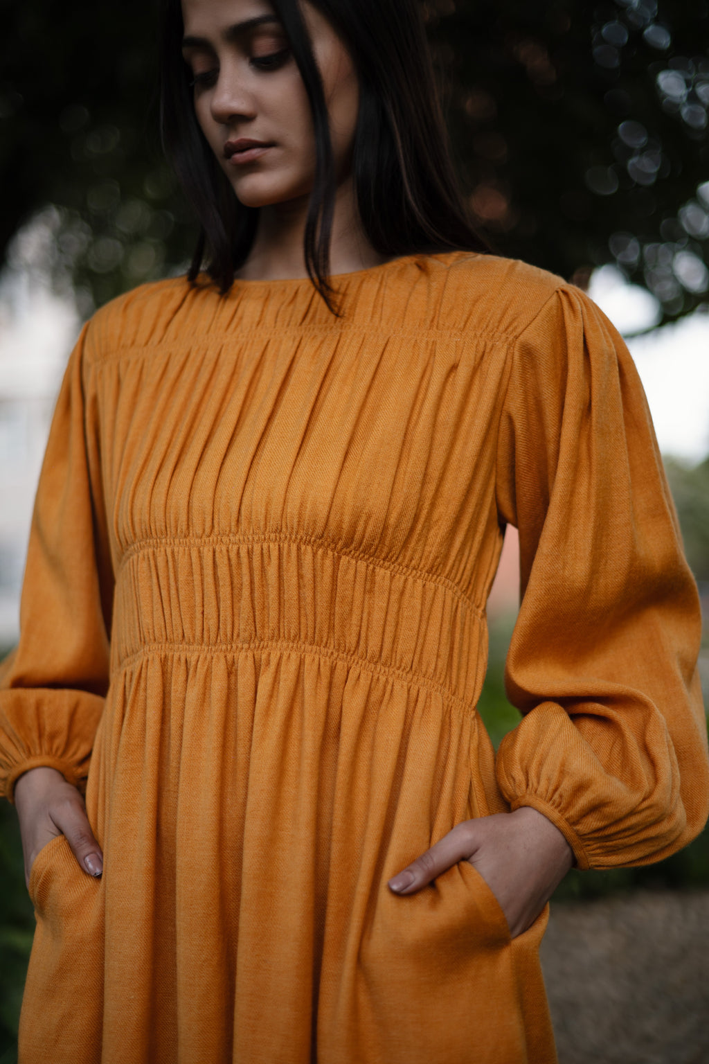 Mustard Yellow Merino Wool Sunflower Dress at Kamakhyaa by Raas. This item is Merino Wool, Midi Dresses, Mustard, Regular Fit, Uru by Raas, Winter Wear, Woven