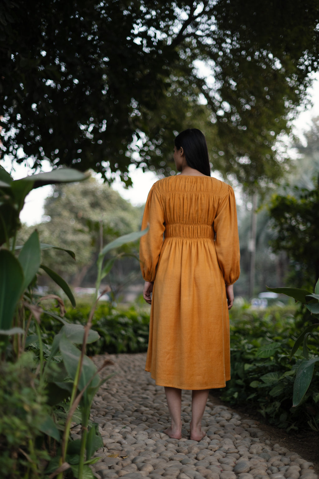 Mustard Yellow Merino Wool Sunflower Dress at Kamakhyaa by Raas. This item is Merino Wool, Midi Dresses, Mustard, Regular Fit, Uru by Raas, Winter Wear, Woven