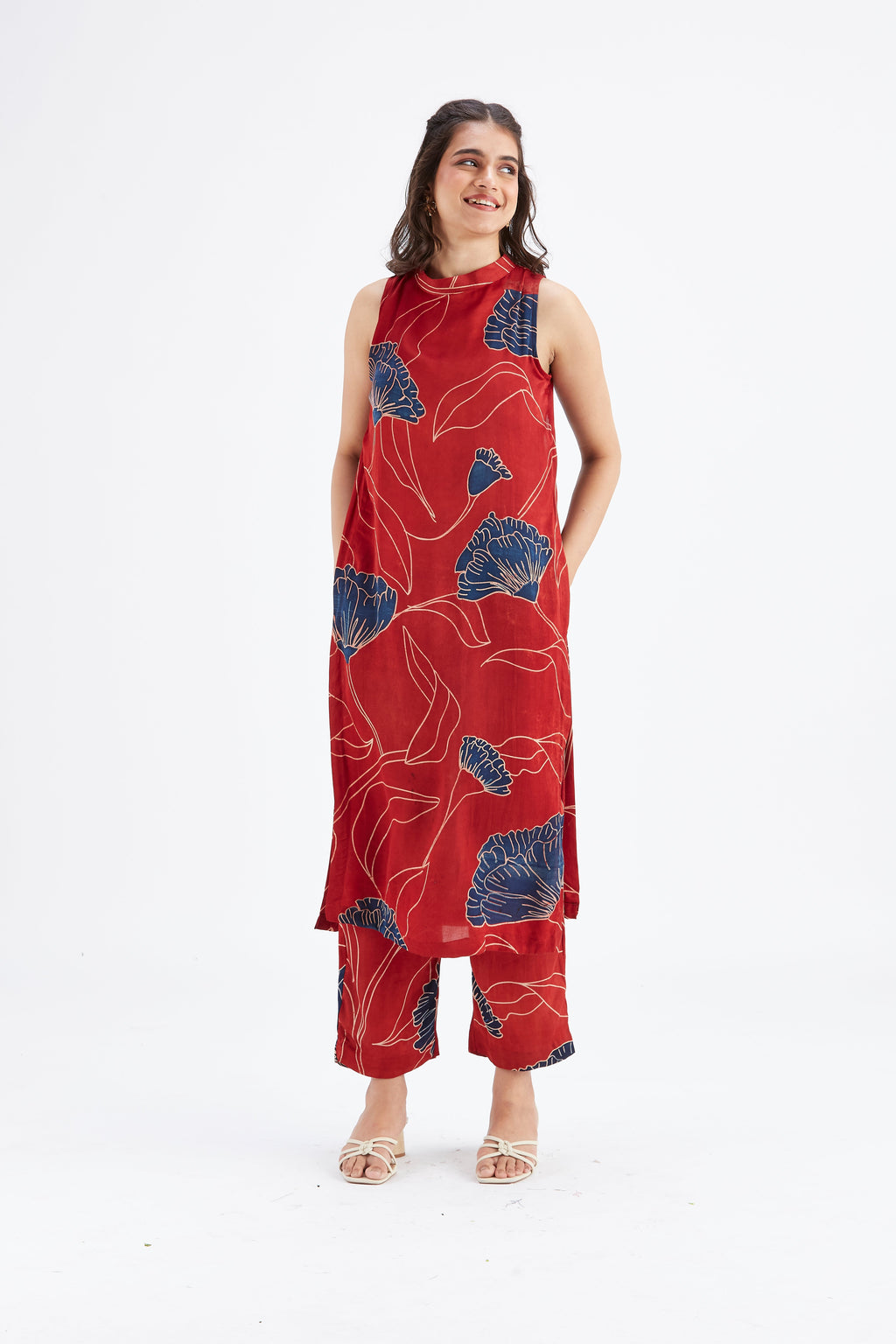 Nava Red Modal kurta set at Kamakhyaa by Hasttvam. This item is Ete by Hasttvam, Floral Prints, Fusion Wear, Hand Printed, Modal, Red, Womenswear