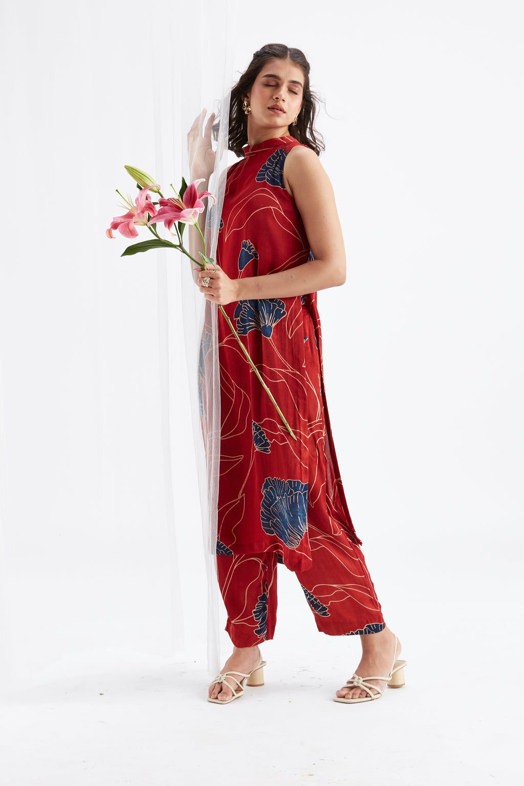 Nava Red Modal kurta set at Kamakhyaa by Hasttvam. This item is Ete by Hasttvam, Floral Prints, Fusion Wear, Hand Printed, Modal, Red, Womenswear