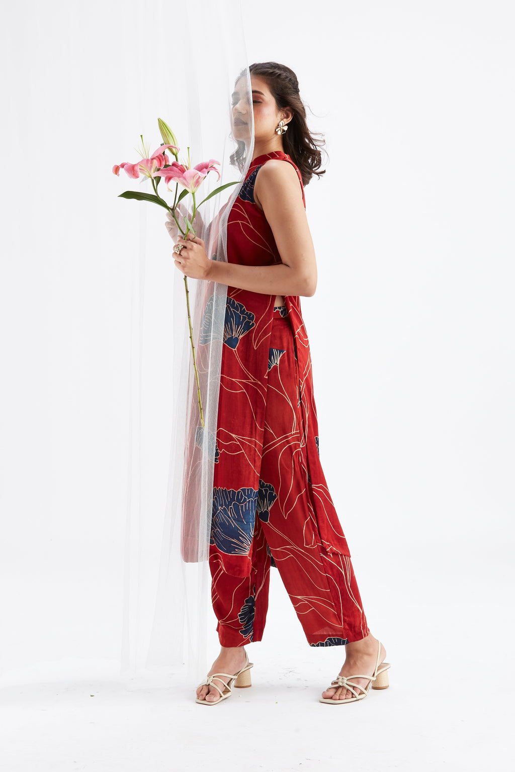 Nava Red Modal kurta set at Kamakhyaa by Hasttvam. This item is Ete by Hasttvam, Floral Prints, Fusion Wear, Hand Printed, Modal, Red, Womenswear