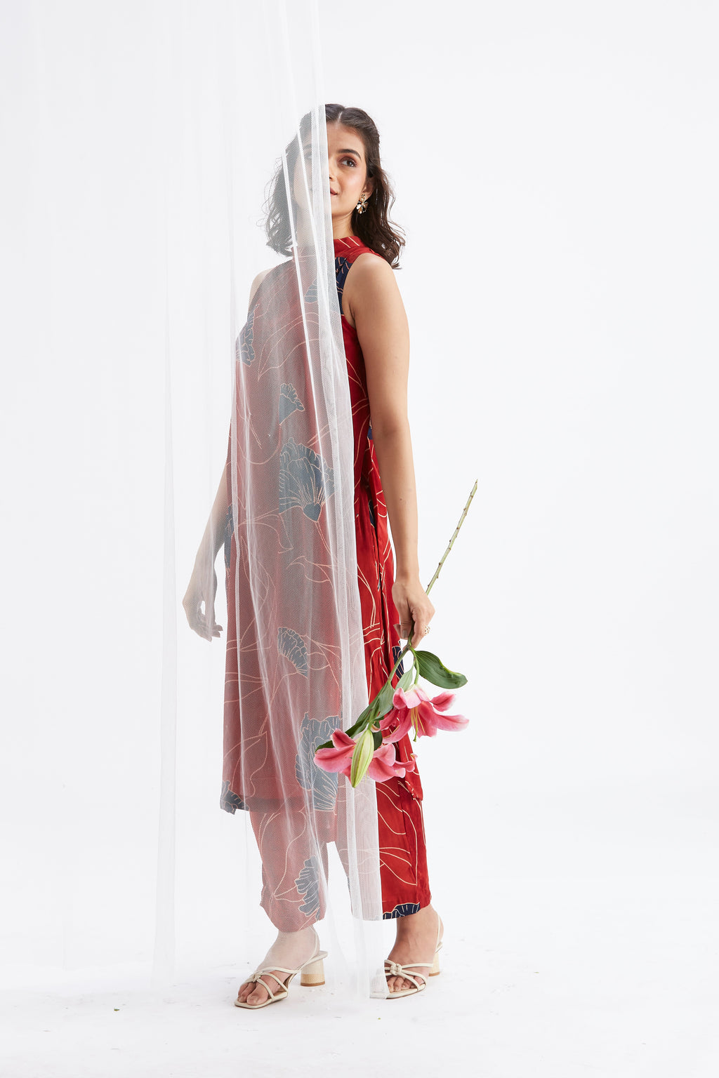 Nava Red Modal kurta set at Kamakhyaa by Hasttvam. This item is Ete by Hasttvam, Floral Prints, Fusion Wear, Hand Printed, Modal, Red, Womenswear