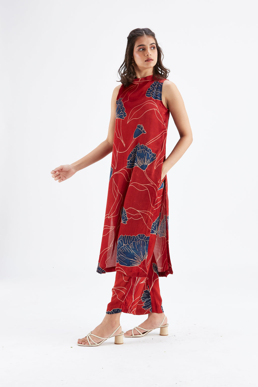 Nava Red Modal kurta set at Kamakhyaa by Hasttvam. This item is Ete by Hasttvam, Floral Prints, Fusion Wear, Hand Printed, Modal, Red, Womenswear