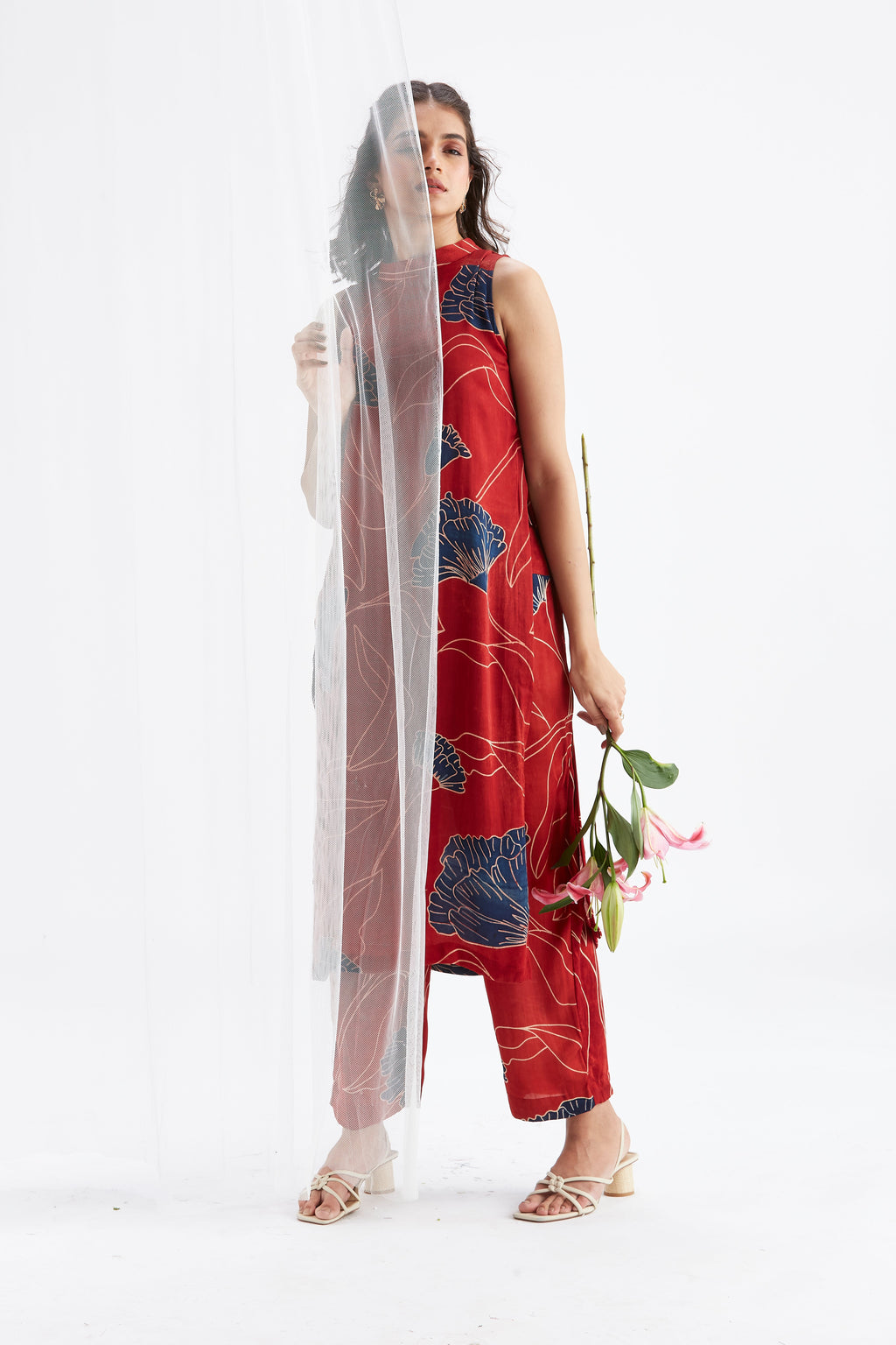 Nava Red Modal kurta set at Kamakhyaa by Hasttvam. This item is Ete by Hasttvam, Floral Prints, Fusion Wear, Hand Printed, Modal, Red, Womenswear