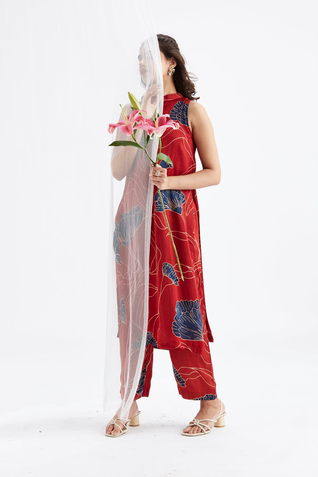 Nava Red Modal kurta set at Kamakhyaa by Hasttvam. This item is Ete by Hasttvam, Floral Prints, Fusion Wear, Hand Printed, Modal, Red, Womenswear