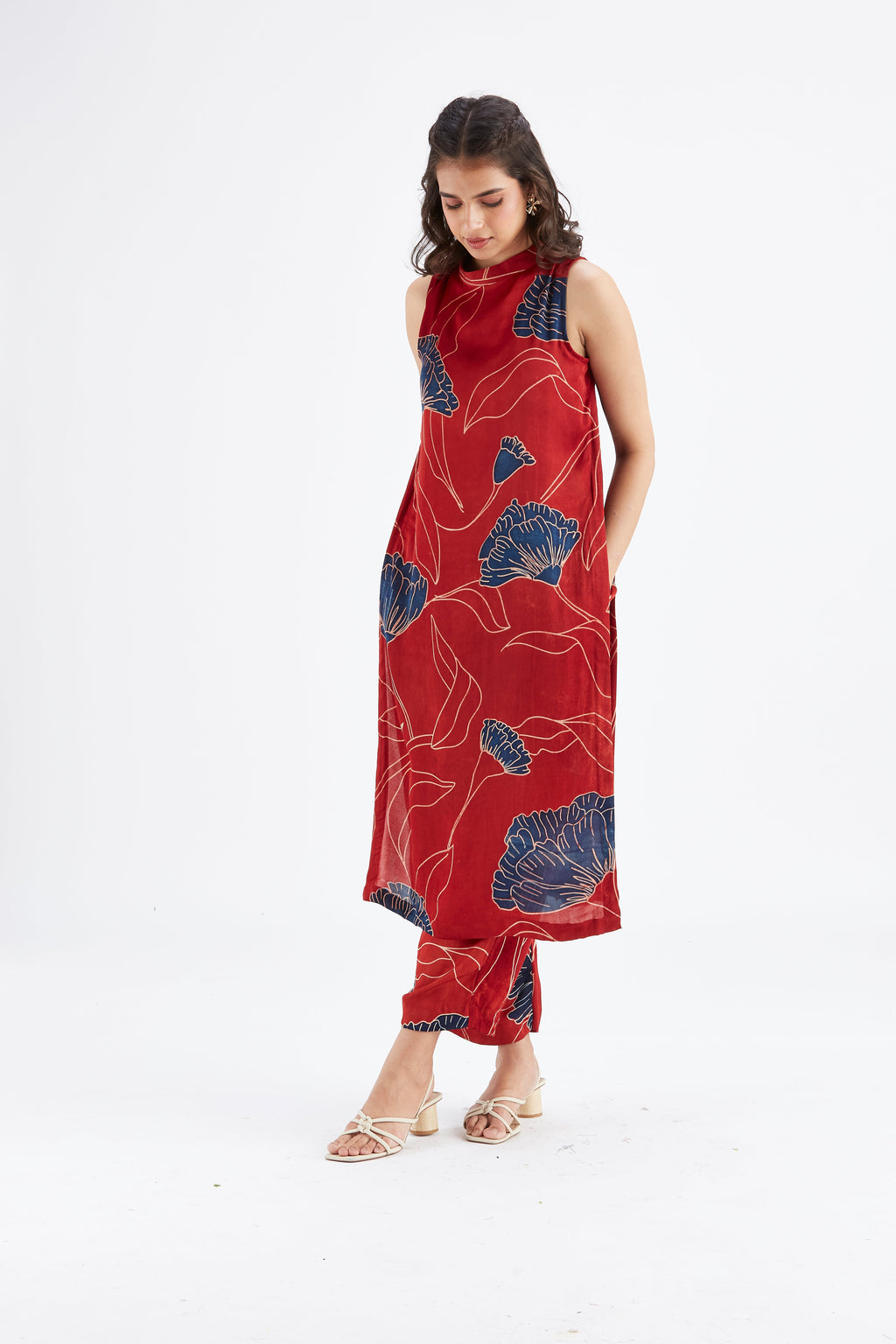 Nava Red Modal kurta set at Kamakhyaa by Hasttvam. This item is Ete by Hasttvam, Floral Prints, Fusion Wear, Hand Printed, Modal, Red, Womenswear