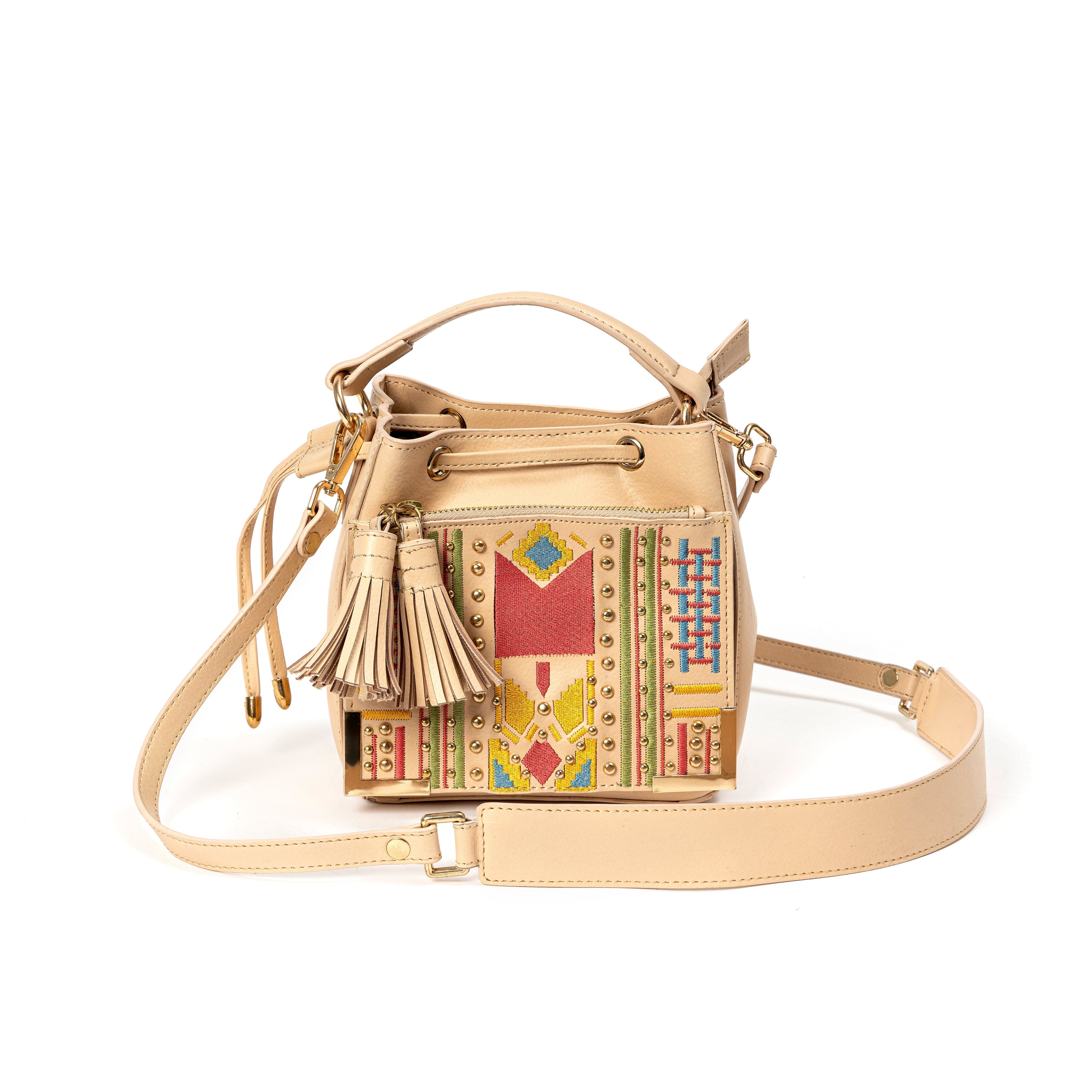 Nora Vegan Leather Embroidered Sling Bag - Almond at Kamakhyaa by Green Hermitage. This item is A Walk in the Forest by Green Hermitage, Banana Leather, Sling Bags, Tan, Under $50