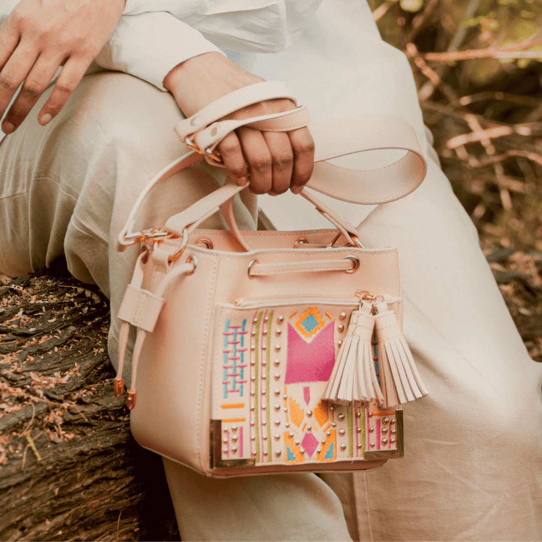 Nora Vegan Leather Embroidered Sling Bag - Almond at Kamakhyaa by Green Hermitage. This item is A Walk in the Forest by Green Hermitage, Banana Leather, Sling Bags, Tan, Under $50