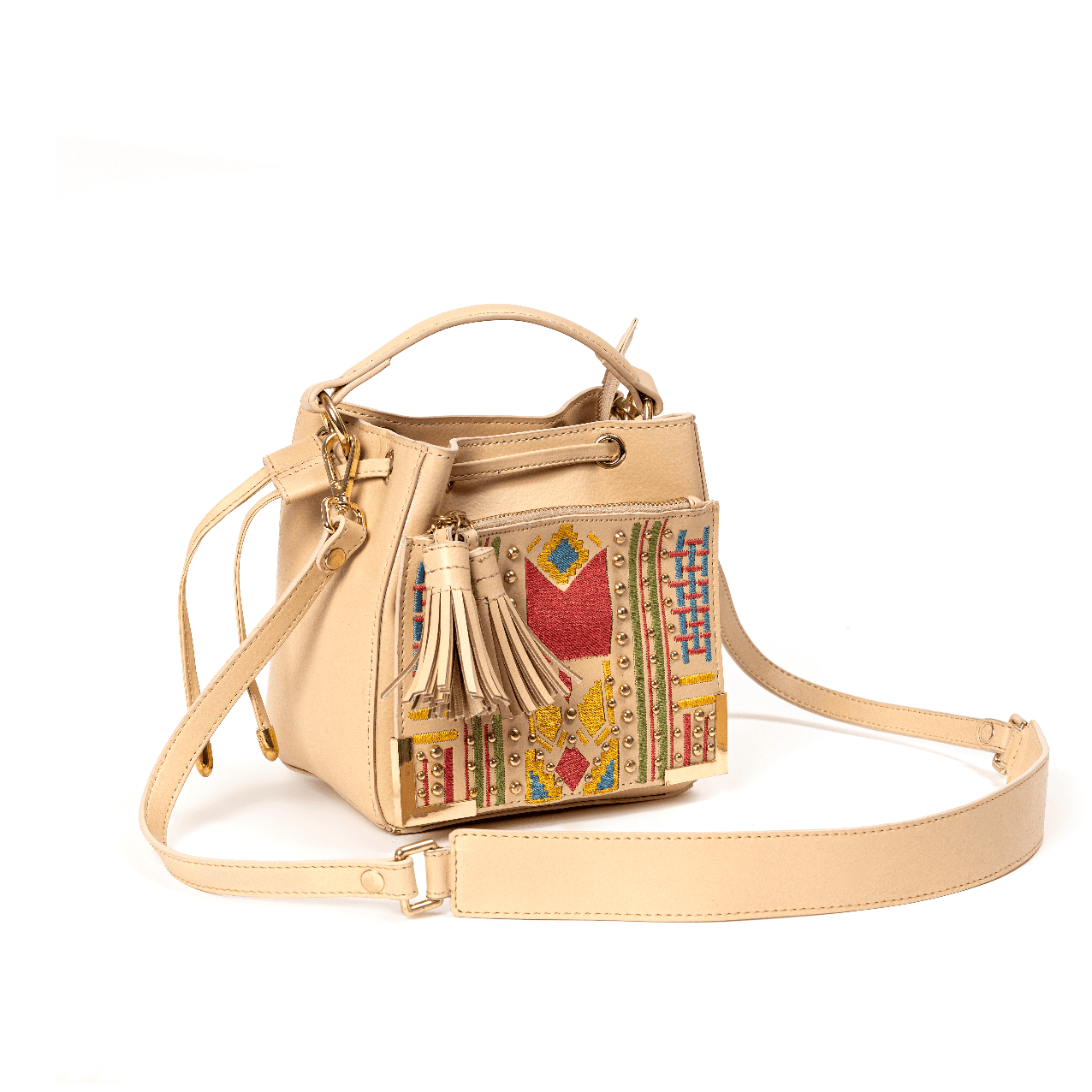 Nora Vegan Leather Embroidered Sling Bag - Almond at Kamakhyaa by Green Hermitage. This item is A Walk in the Forest by Green Hermitage, Banana Leather, Sling Bags, Tan, Under $50