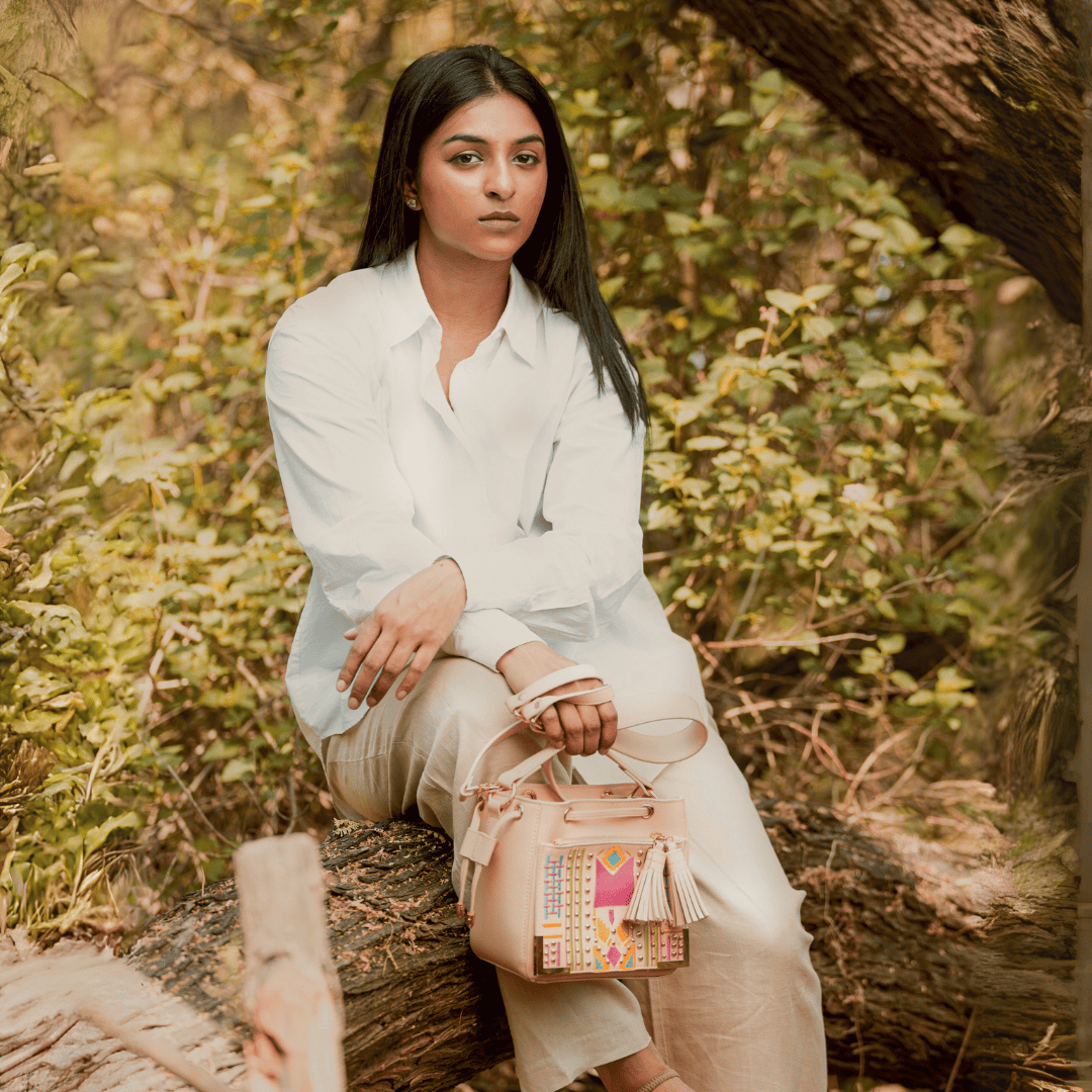 Nora Vegan Leather Embroidered Sling Bag - Almond at Kamakhyaa by Green Hermitage. This item is A Walk in the Forest by Green Hermitage, Banana Leather, Sling Bags, Tan, Under $50