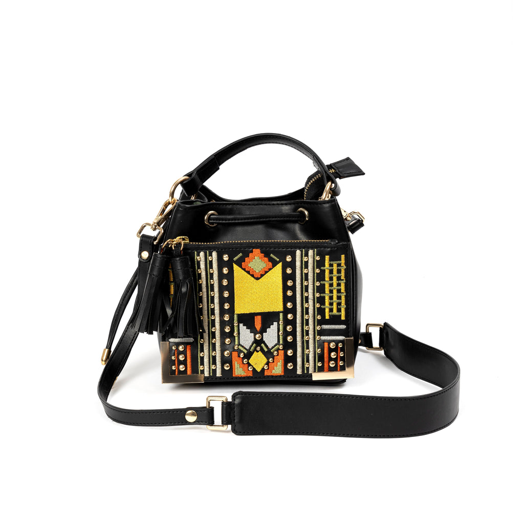 Nora Vegan Leather Embroidered Sling Bag - Black at Kamakhyaa by Green Hermitage. This item is A Walk in the Forest by Green Hermitage, Banana Leather, Black, Cactus Leather, Sling Bags, Under $50