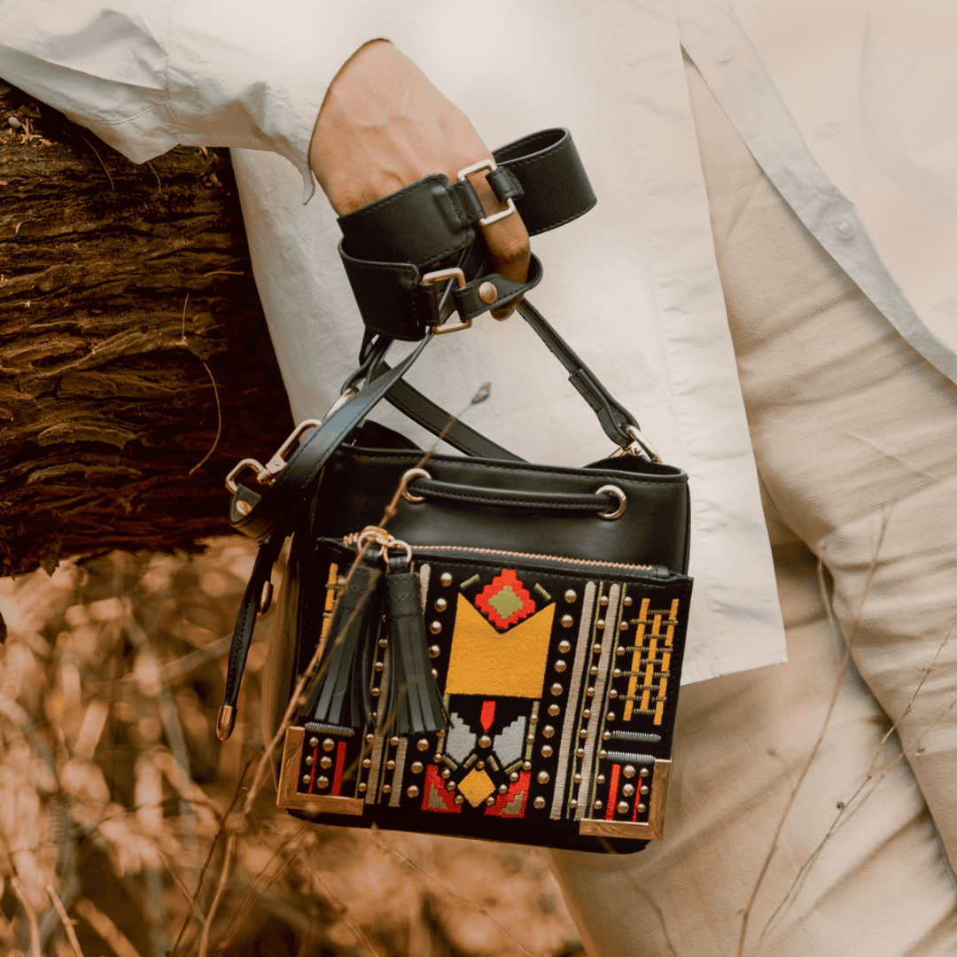 Nora Vegan Leather Embroidered Sling Bag - Black at Kamakhyaa by Green Hermitage. This item is A Walk in the Forest by Green Hermitage, Banana Leather, Black, Cactus Leather, Sling Bags, Under $50